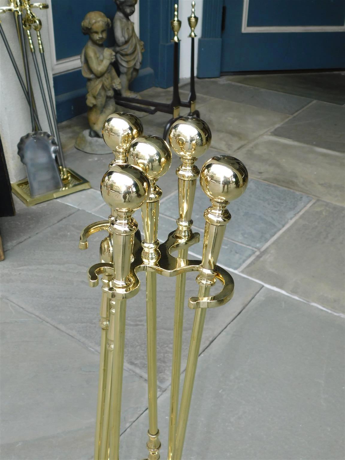 Set of American Brass Ball Finial Fire Place Tools on Stand with Ball Feet, 19th In Excellent Condition In Hollywood, SC