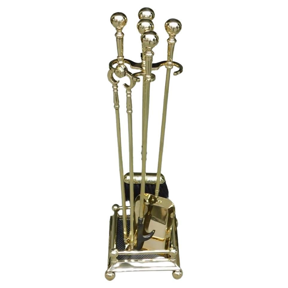 Set of American Brass Ball Finial Fire Place Tools on Stand with Ball Feet, 19th