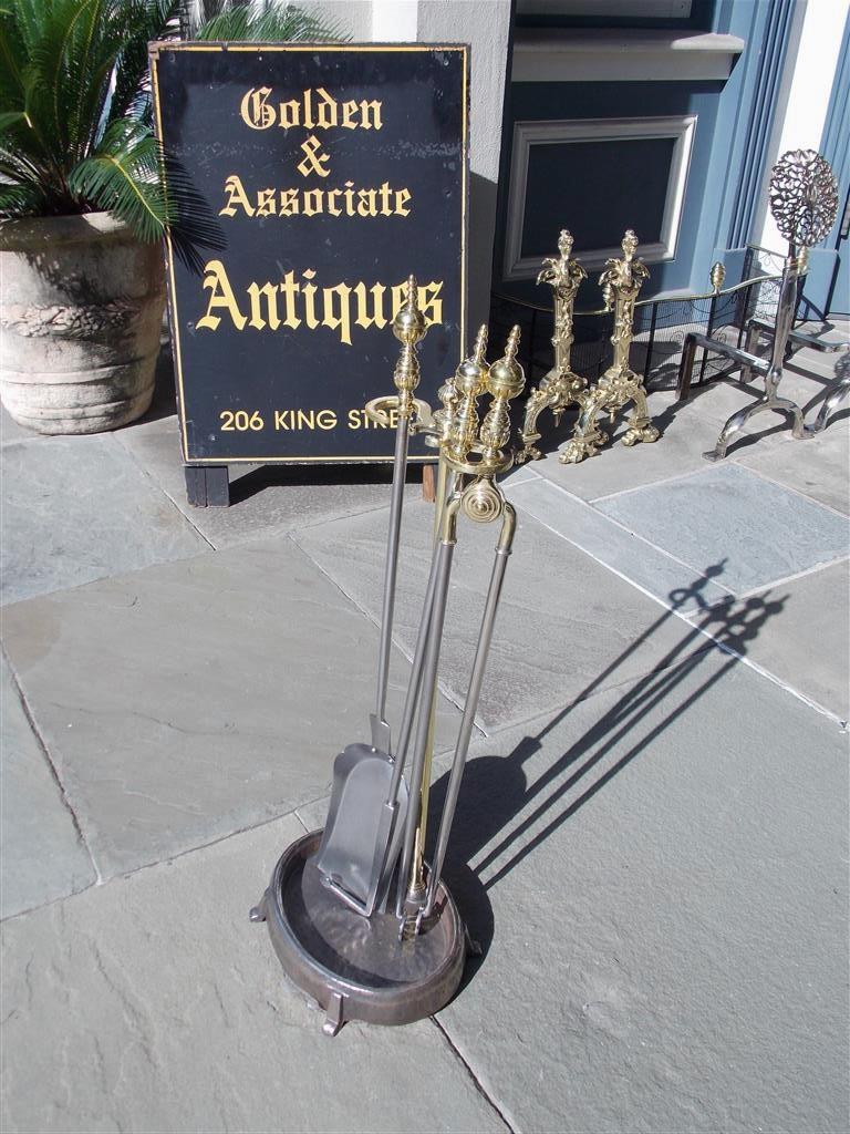 American Empire Set of American Brass Ball Finial & Polished Steel Fire Tools on Stand, C. 1840