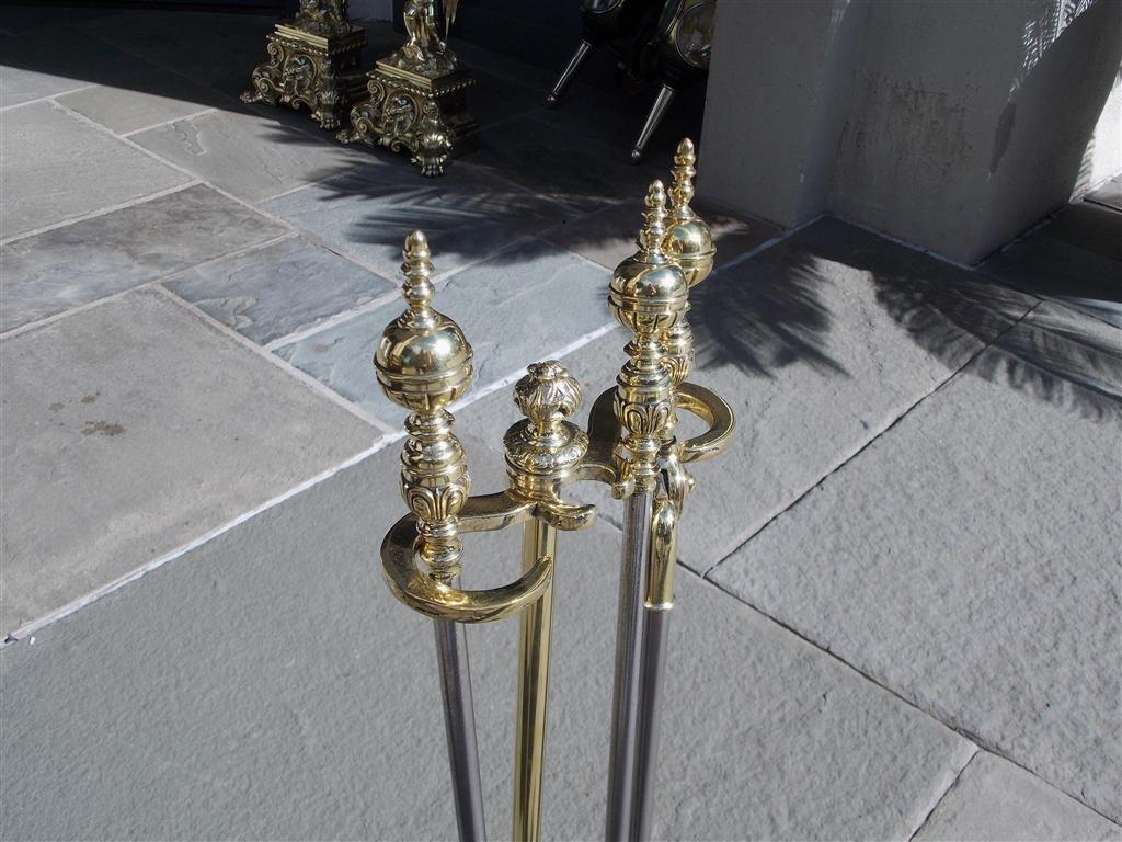 Hammered Set of American Brass Ball Finial & Polished Steel Fire Tools on Stand, C. 1840