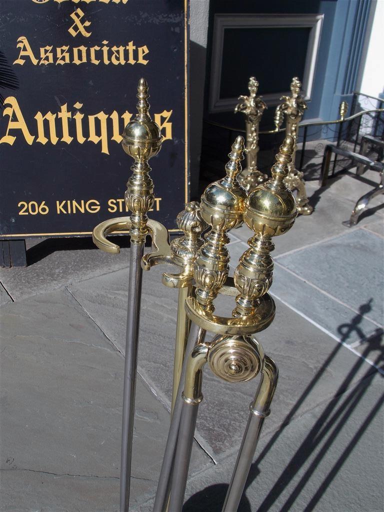 Set of American Brass Ball Finial & Polished Steel Fire Tools on Stand, C. 1840 In Excellent Condition In Hollywood, SC