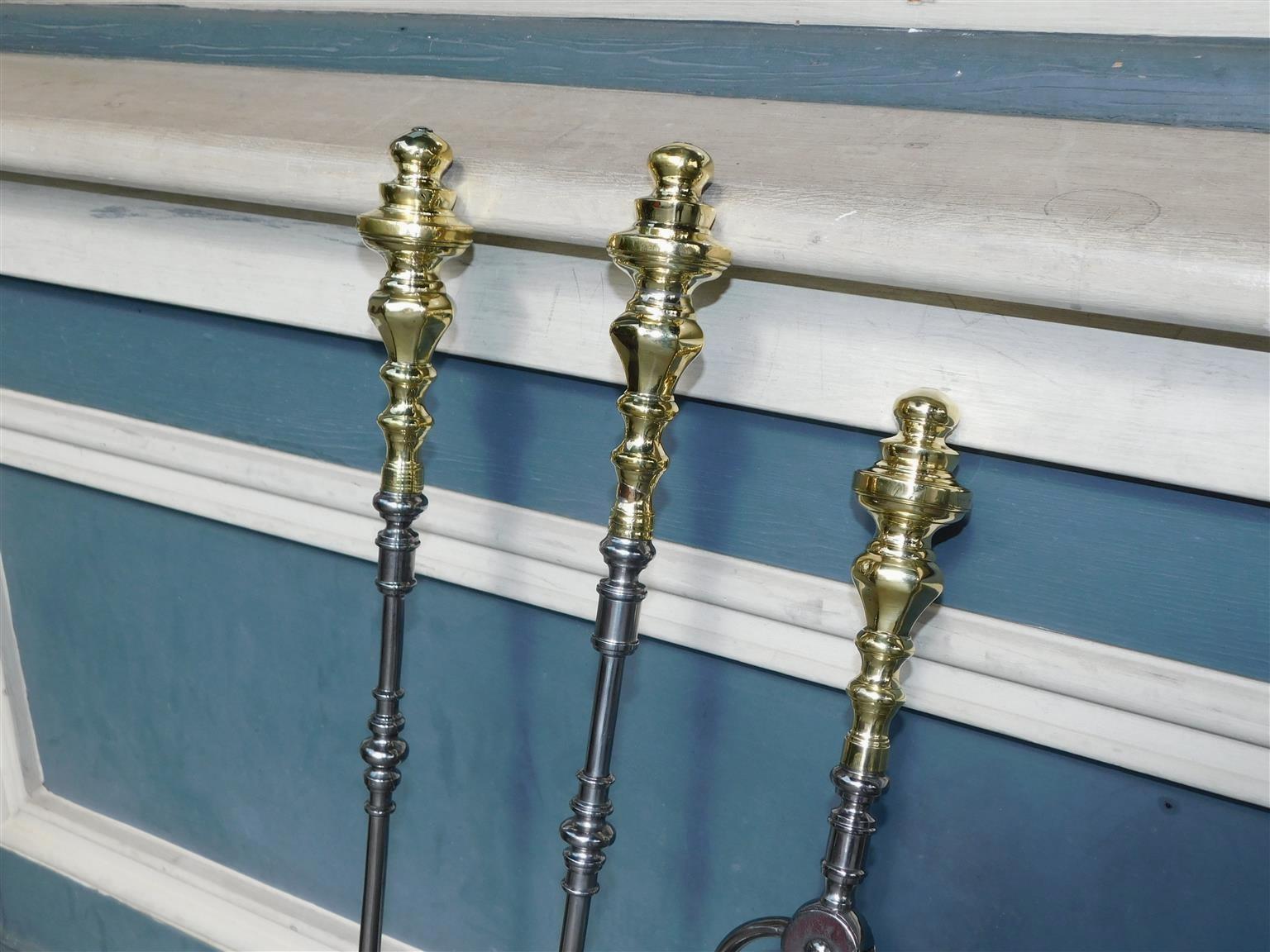 Cast Set of American Brass Finial and Polished Steel Fire Place Tools, Phil. C. 1810