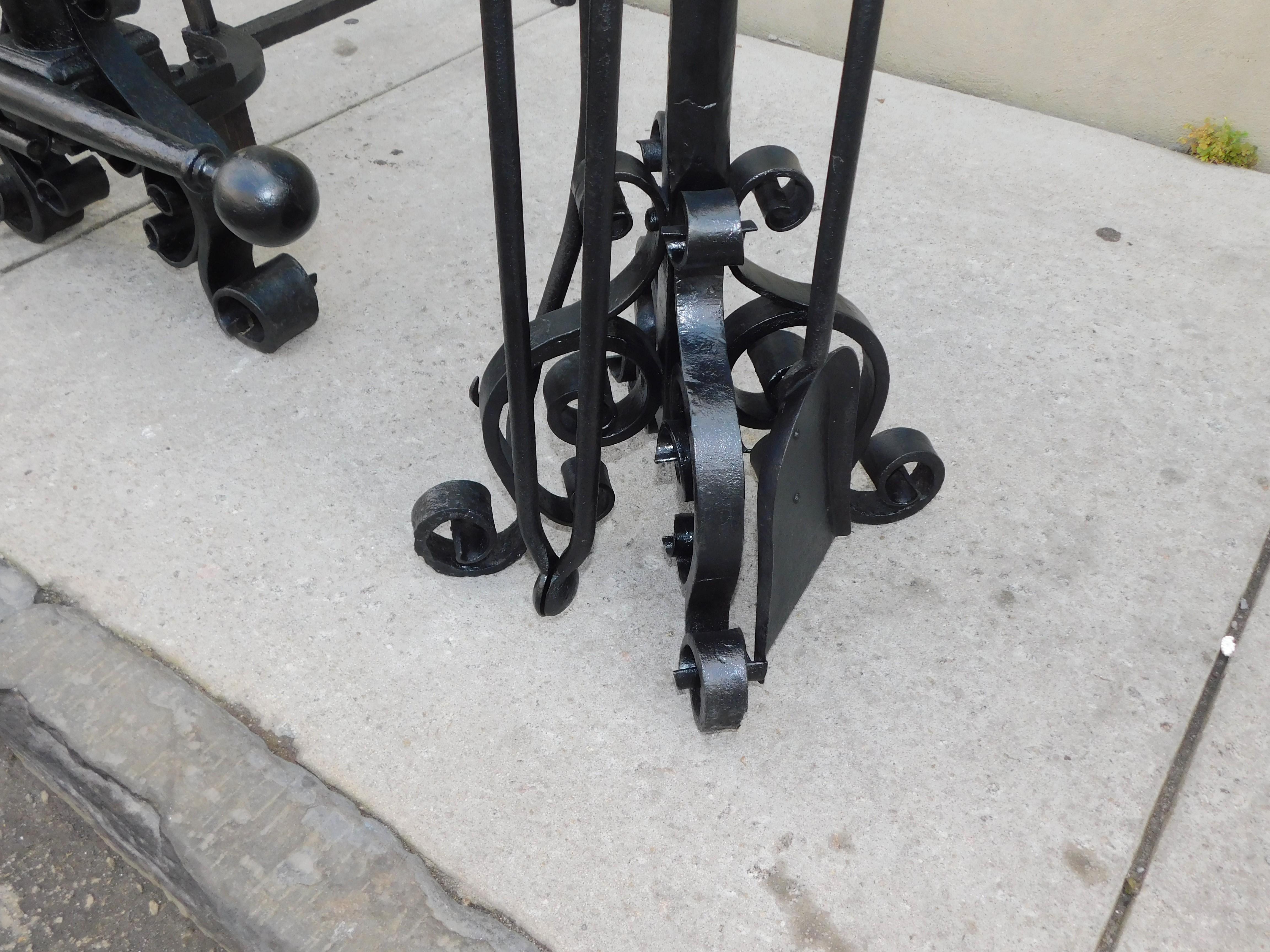 Set of American Wrought Iron Ball Finial Andirons & Tools on Stand, Circa 1850 For Sale 4