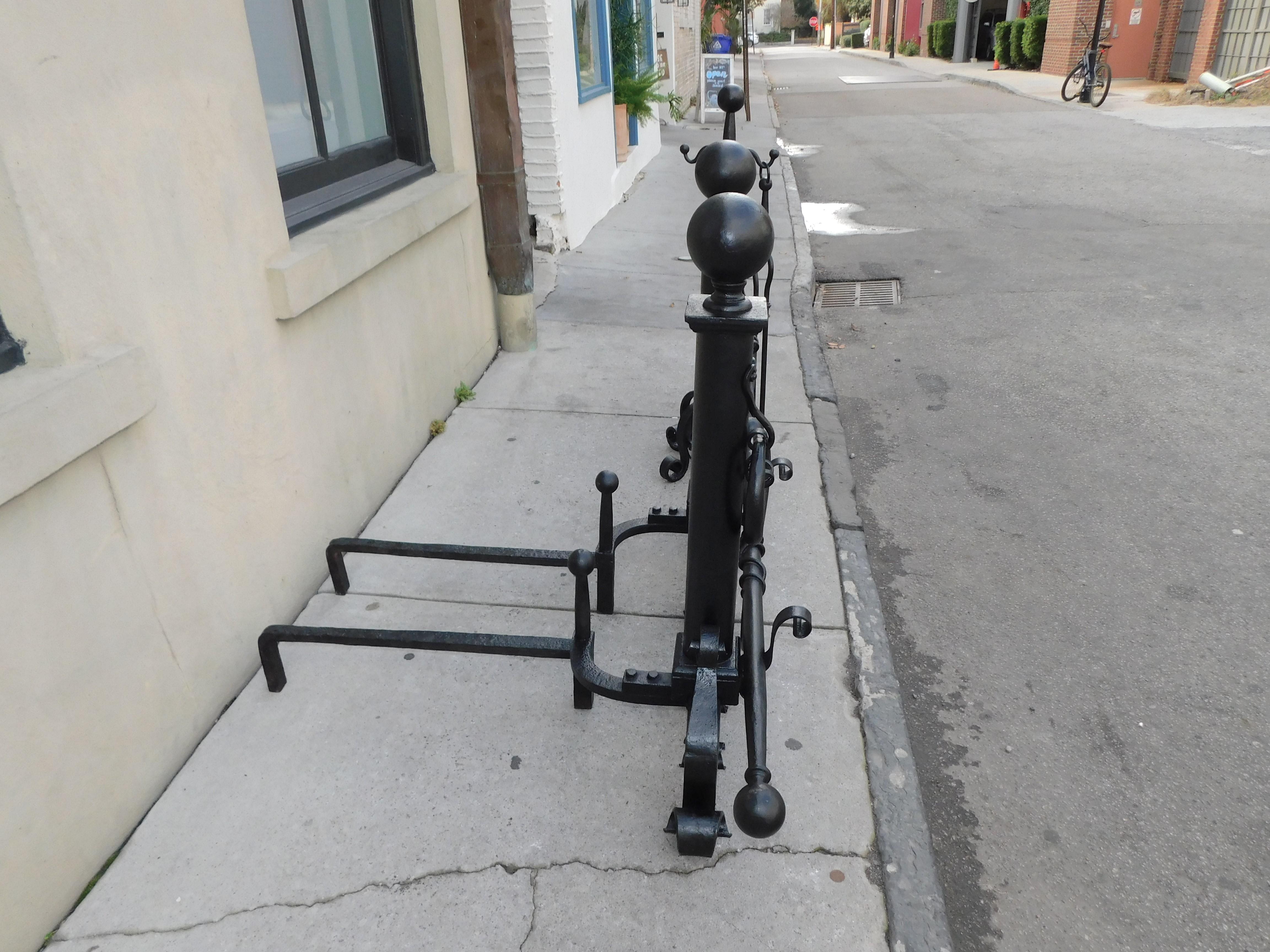 Set of American Wrought Iron Ball Finial Andirons & Tools on Stand, Circa 1850 For Sale 6