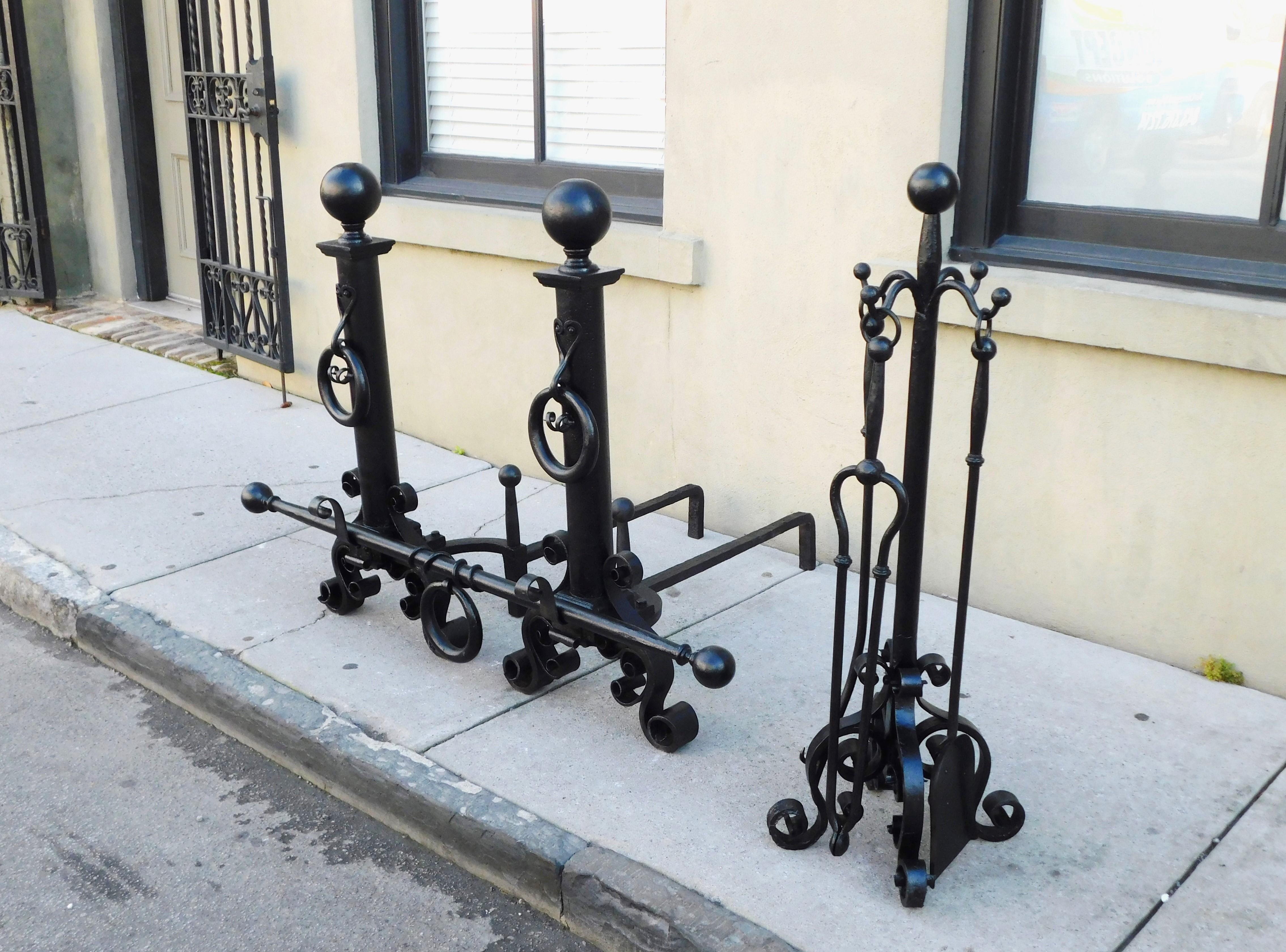 American Empire Set of American Wrought Iron Ball Finial Andirons & Tools on Stand, Circa 1850 For Sale