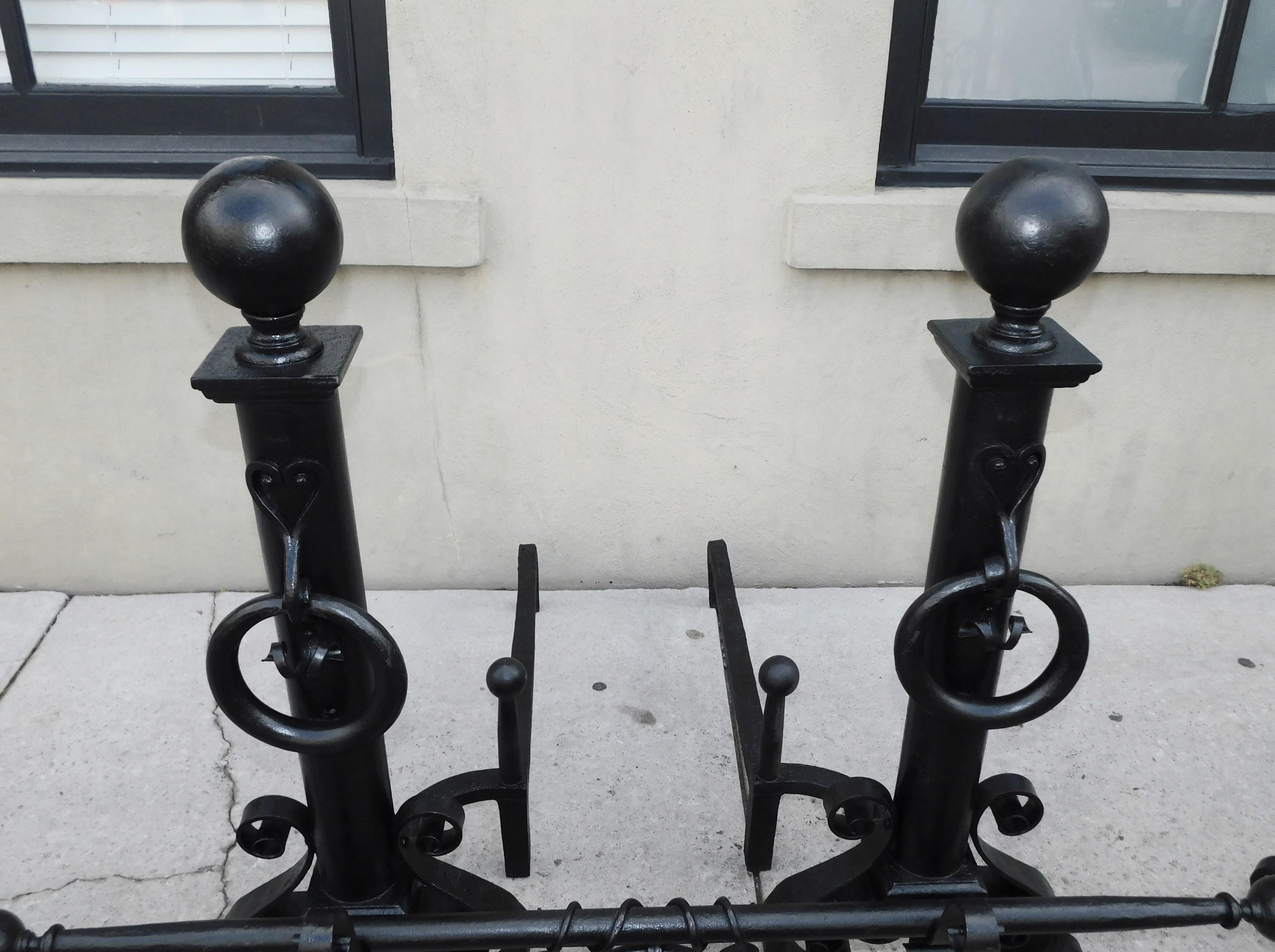 Mid-19th Century Set of American Wrought Iron Ball Finial Andirons & Tools on Stand, Circa 1850 For Sale