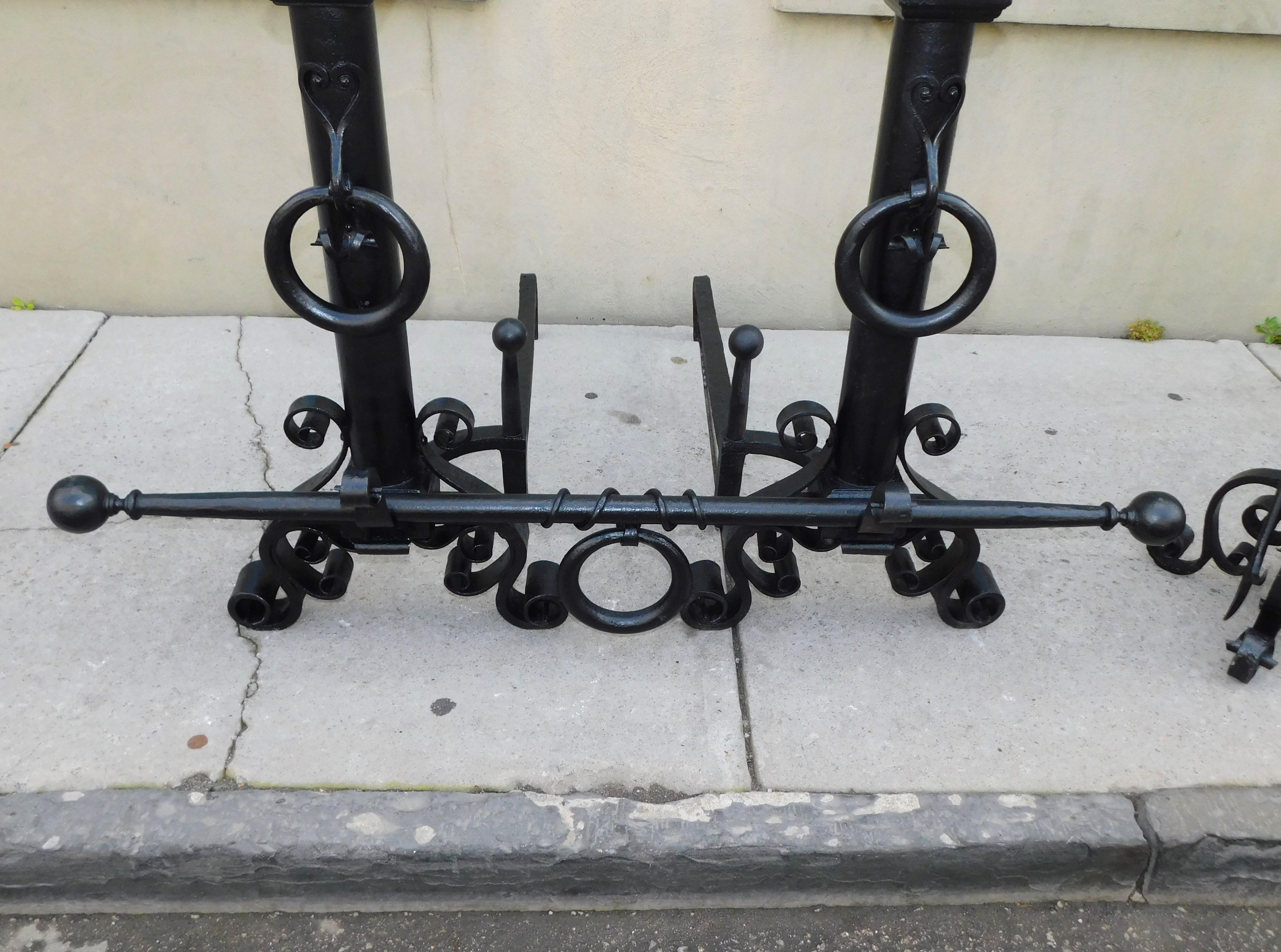 Set of American Wrought Iron Ball Finial Andirons & Tools on Stand, Circa 1850 For Sale 1