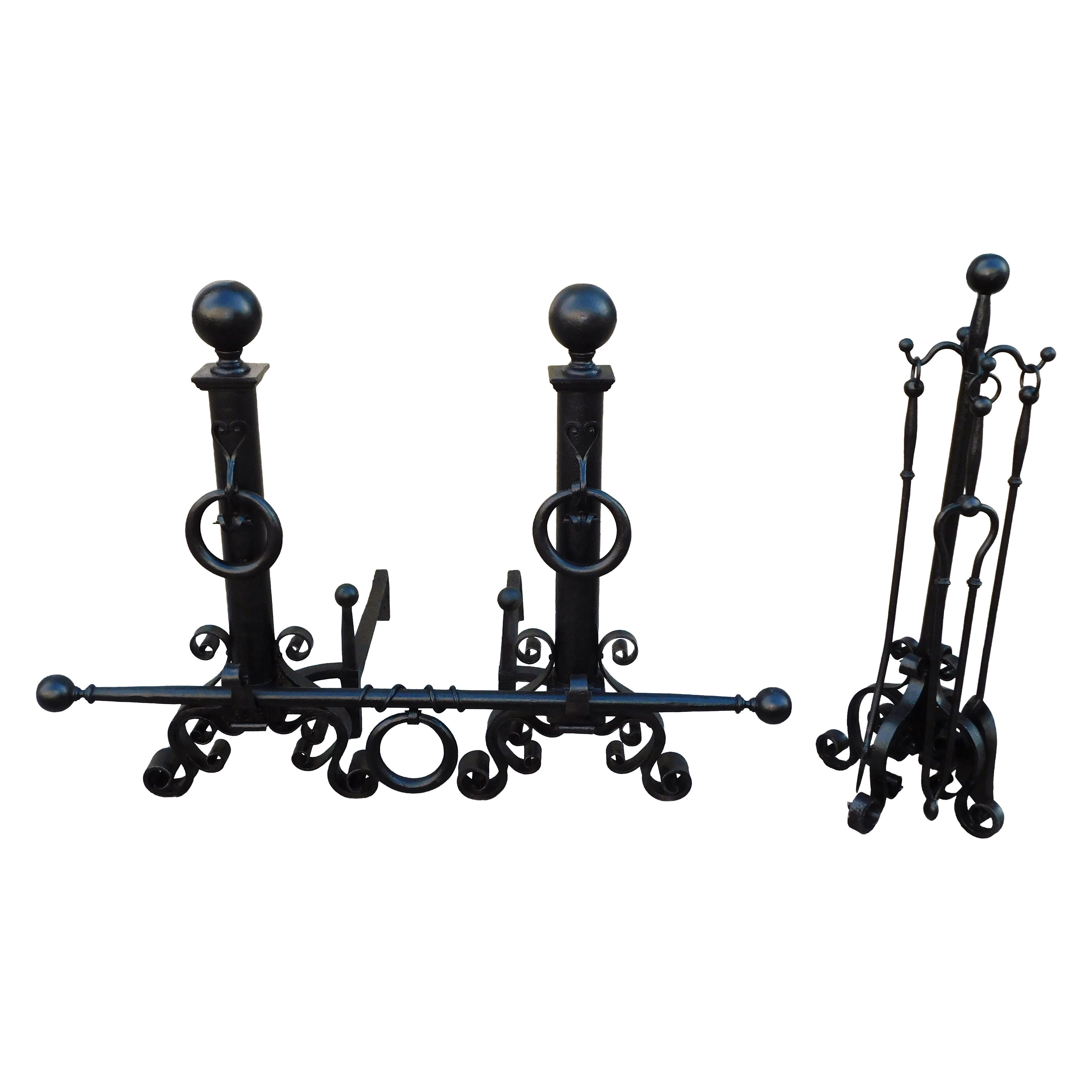 Set of American Wrought Iron Ball Finial Andirons & Tools on Stand, Circa 1850 For Sale