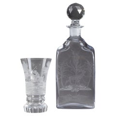 Antique Set of an Engraved Glass Carafe and a Crystal Glass