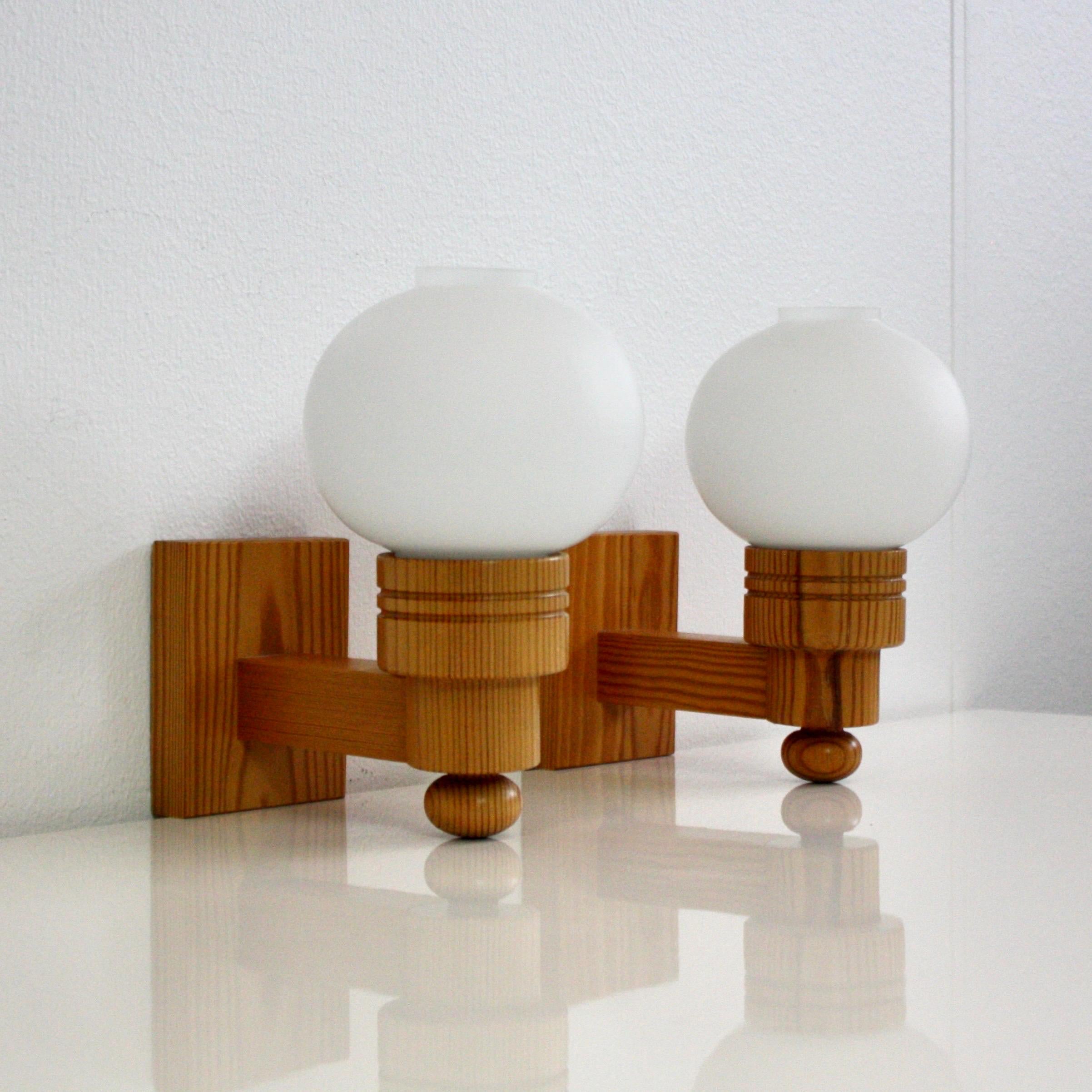 Late 20th Century Set of Aneta Wall Lamps in Pine & White Glass, Sweden, 1970s