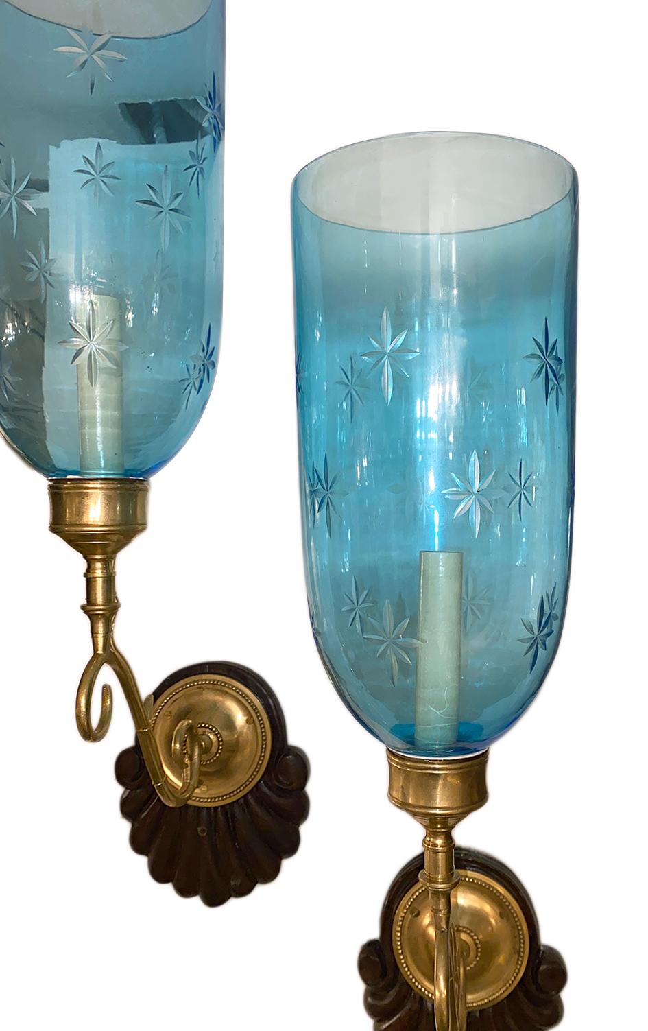 Hand-Carved Set of Anglo-Indian Blue Glass Sconces, Sold Per Pair For Sale