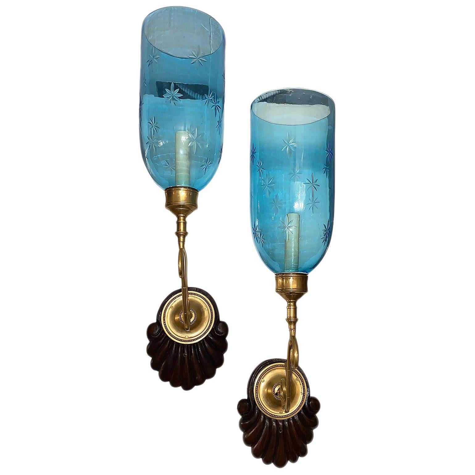 Set of Anglo-Indian Blue Glass Sconces, Sold Per Pair For Sale
