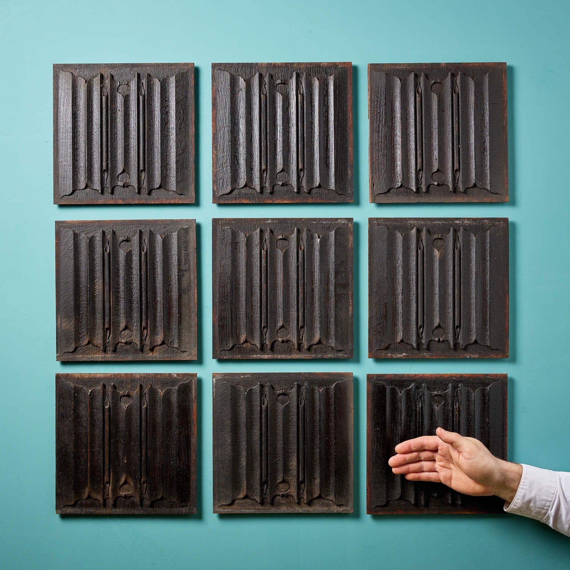 A set of 9 antique hand carved linen fold oak panels dating to circa 1880.

Originally part of a panelled room in a grand English home, these nine panels could be repurposed as a set of decorative wall hangings in any formation as desired.