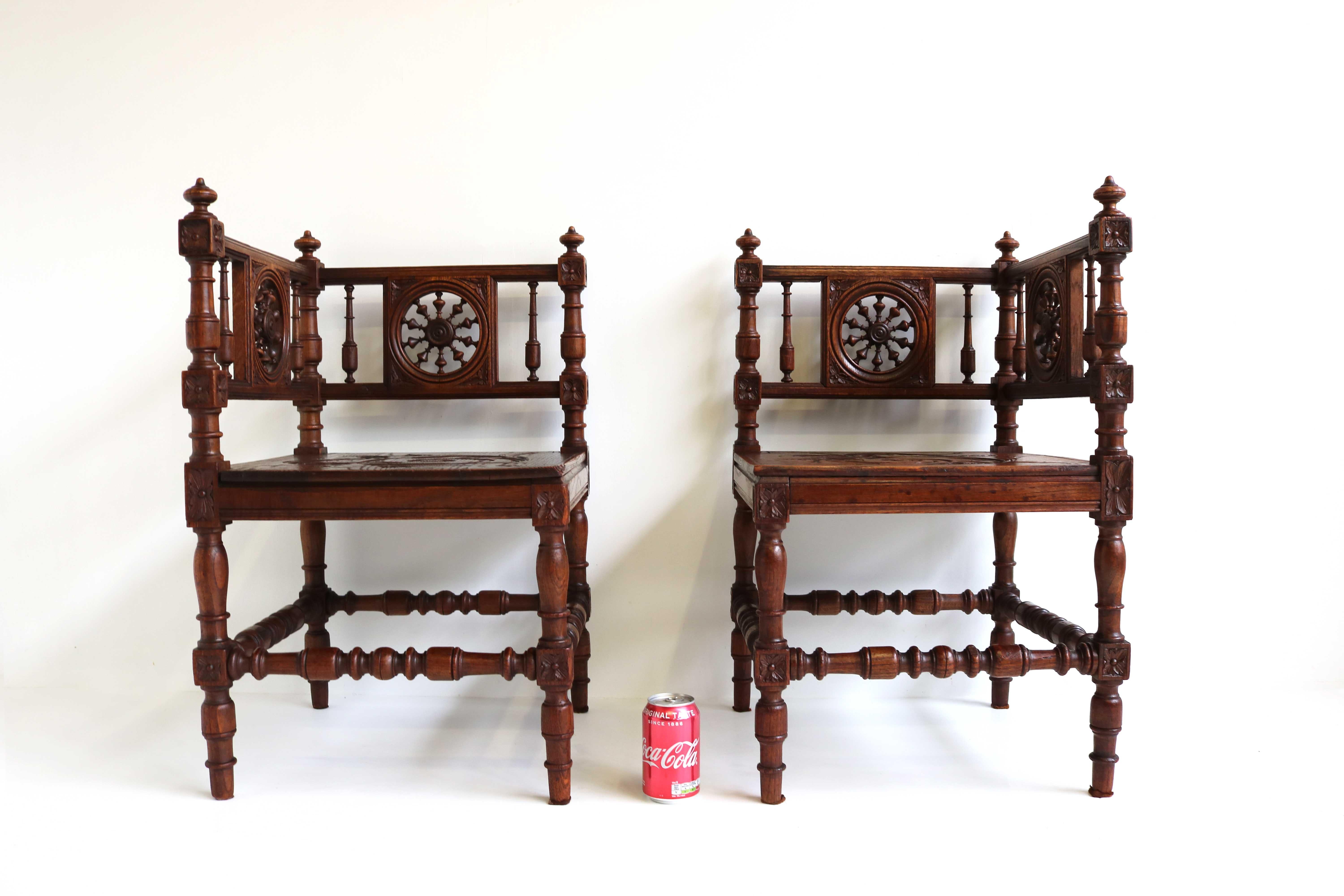Set of Antique 19th Century French Corner Chairs Breton Brittany Renaissance Oak For Sale 6