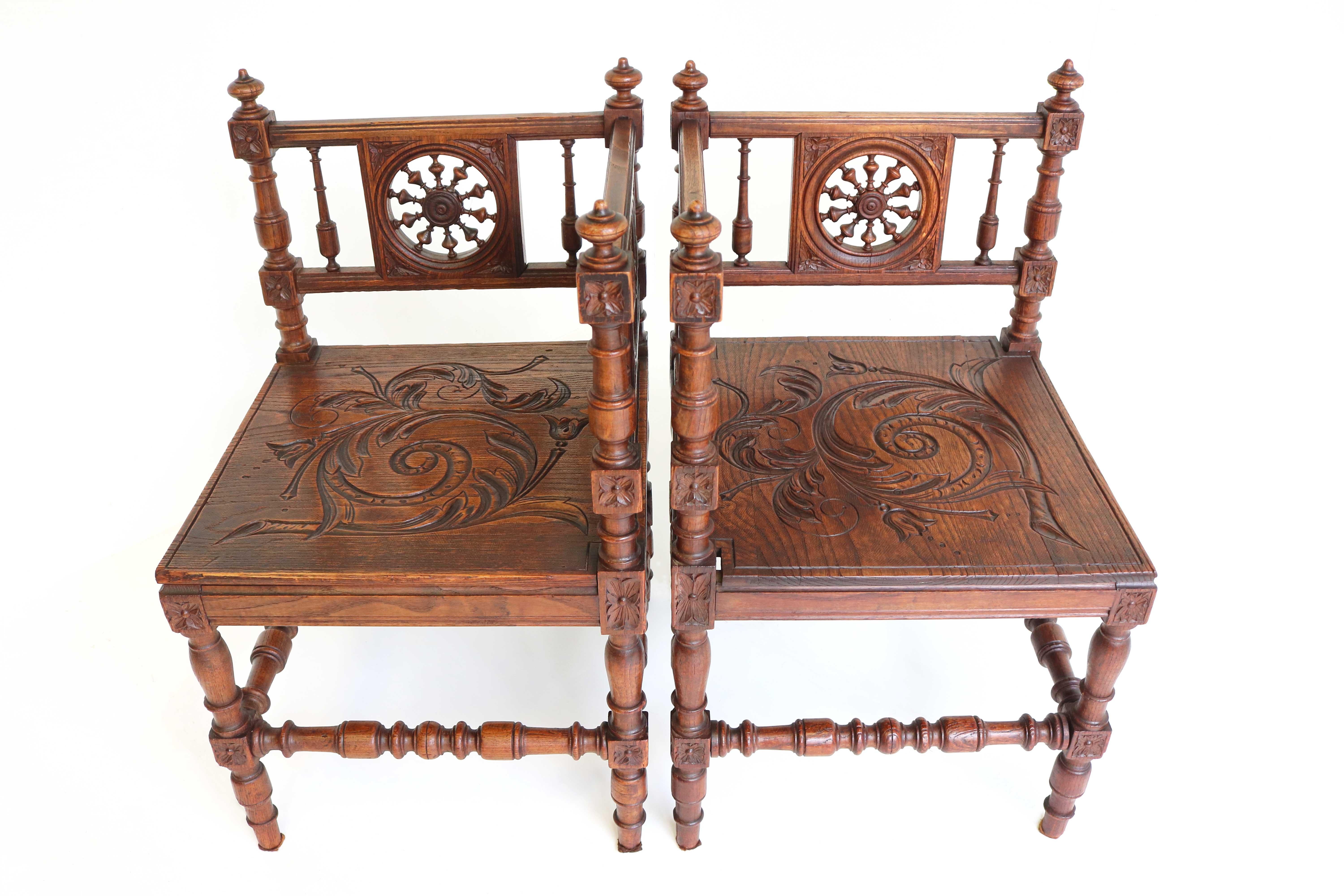Hand-Crafted Set of Antique 19th Century French Corner Chairs Breton Brittany Renaissance Oak For Sale