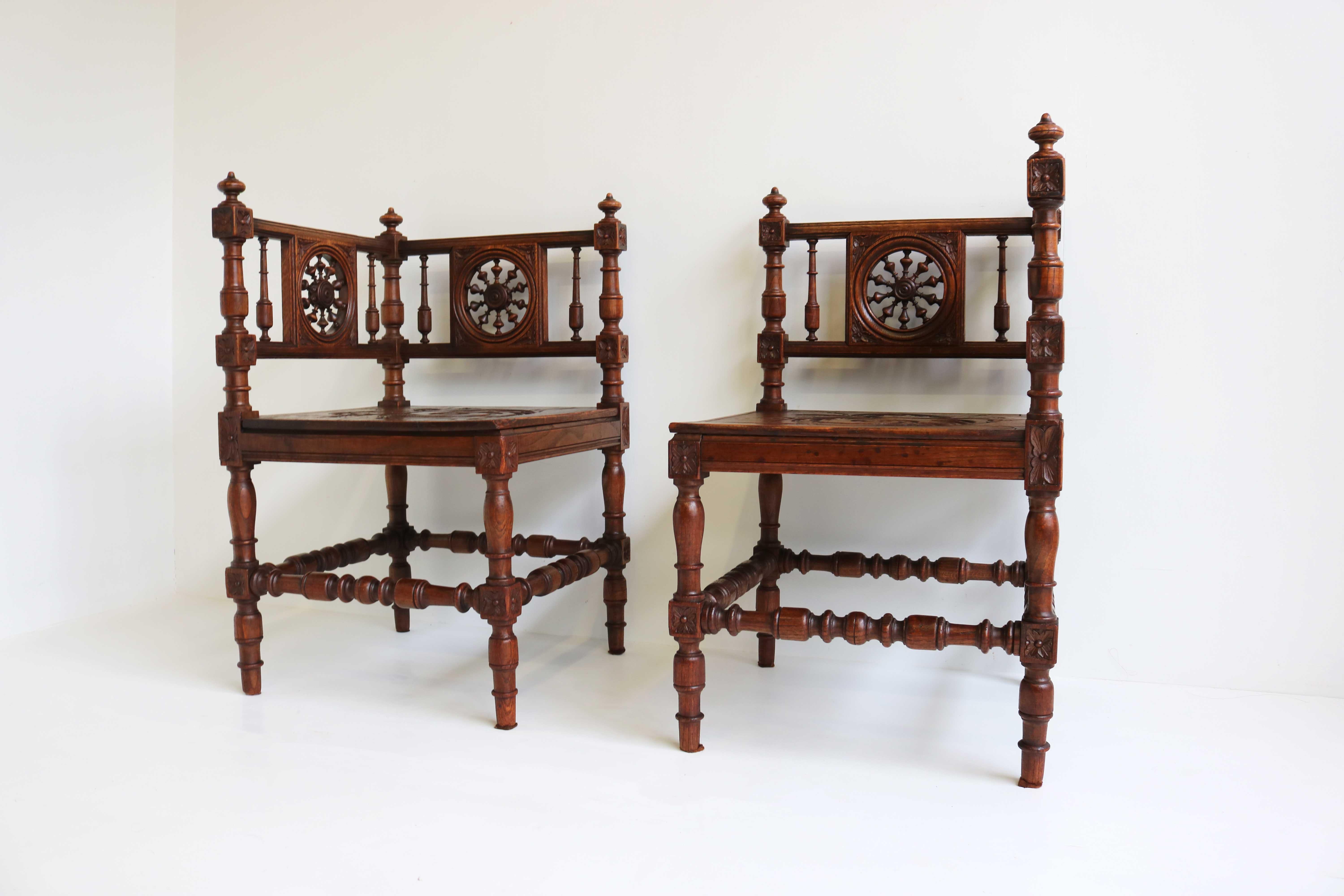Set of Antique 19th Century French Corner Chairs Breton Brittany Renaissance Oak For Sale 1