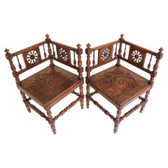Set of Used 19th Century French Corner Chairs Breton Brittany Renaissance Oak