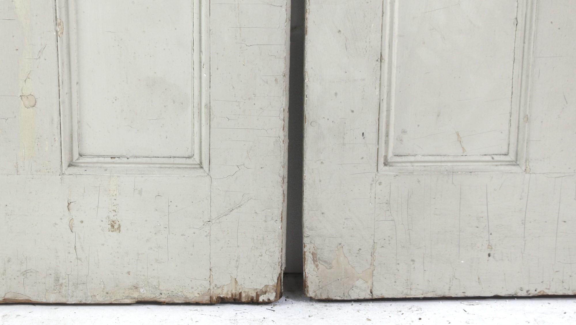 Set of Antique 4 Pane Wood Pocket Doors Painted White Vertical Panels For Sale 2