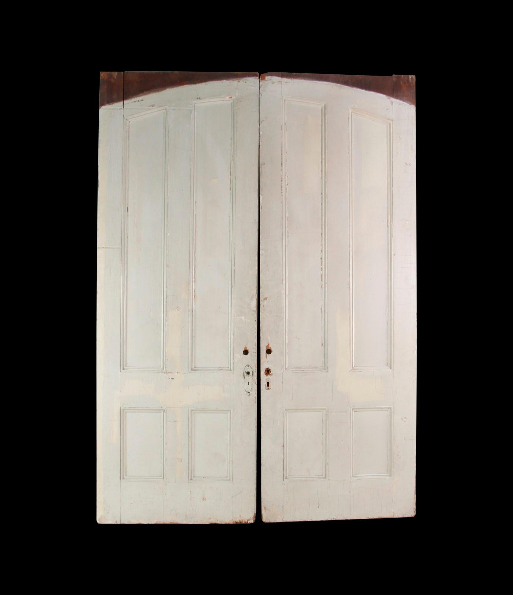Set of Antique 4 Pane Wood Pocket Doors Painted White Vertical Panels In Good Condition For Sale In New York, NY