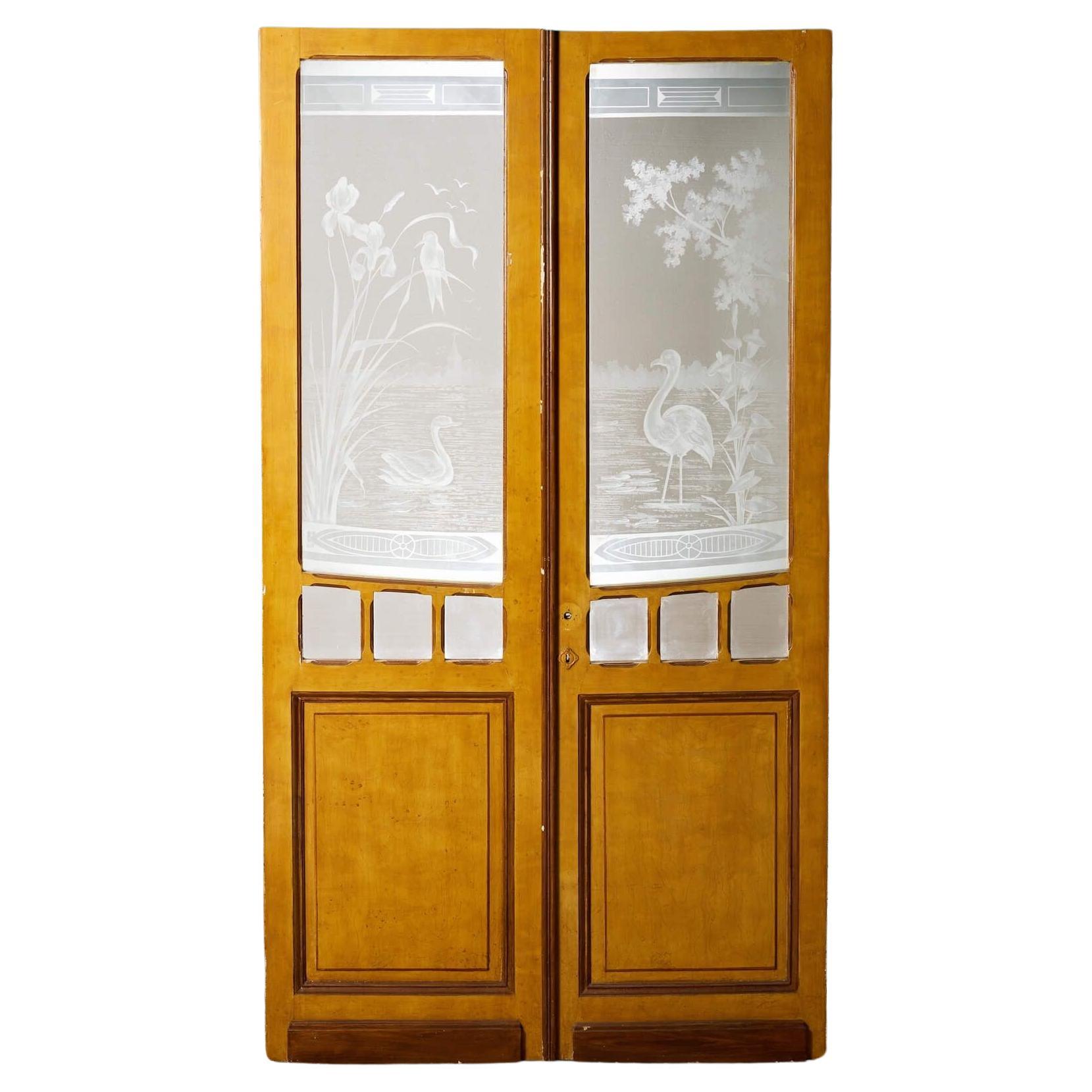 Ensemble de doubles portes vitrées antiques gravées à l'acide en vente