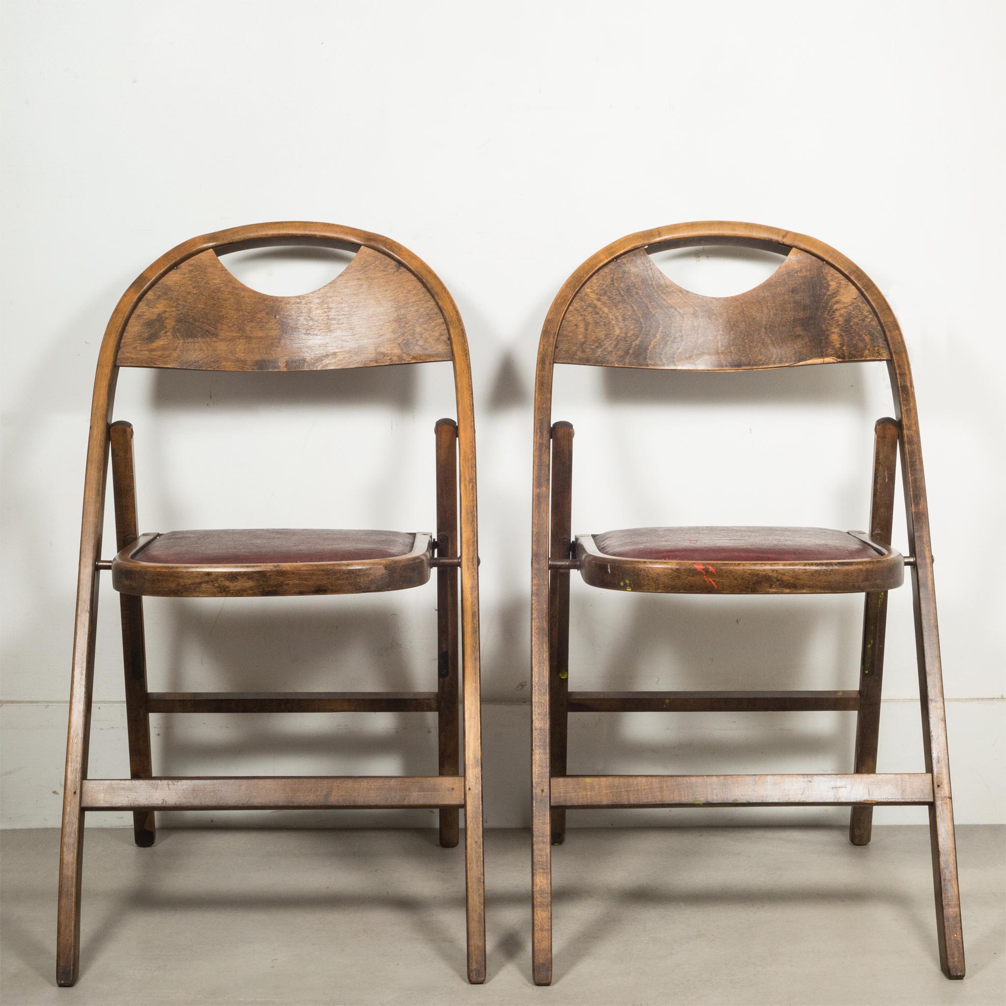 About
A set of four wooden folding chairs with original vinyl seats. Last used in a theater in Oakland, Ca. The chairs fold up easily and have retained much of their original paint. All four are sturdy and structural sound. Each are have the