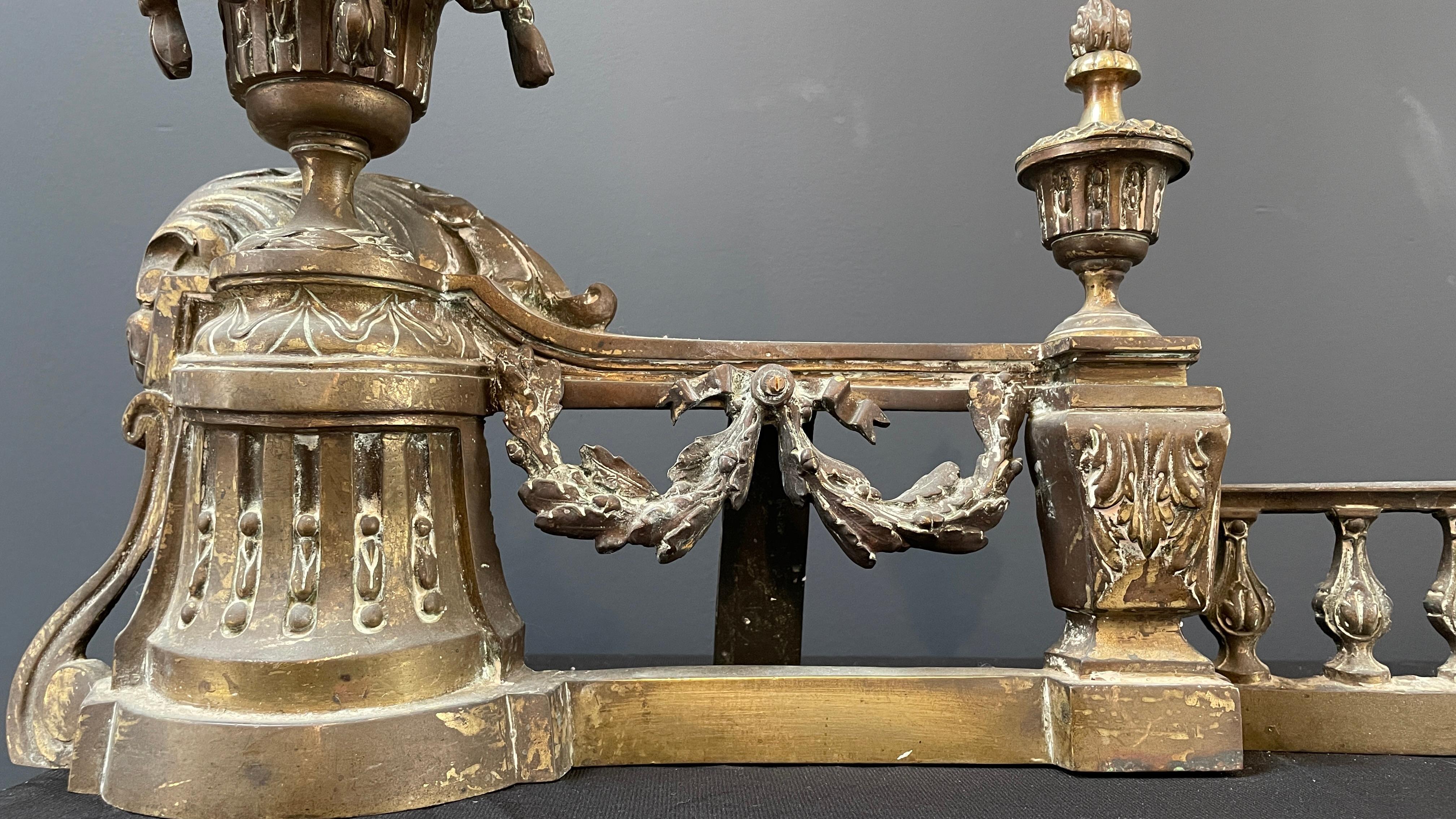 19th Century Set of Antique Brass French Andirons or Firedogs For Sale