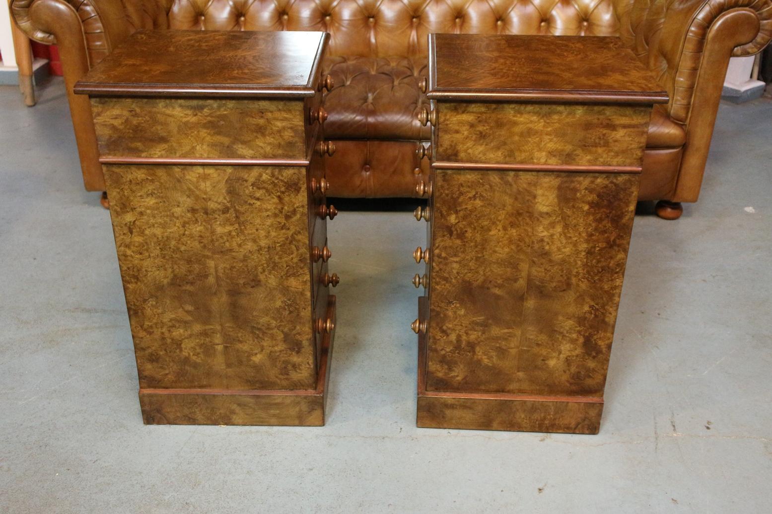 British Set of Antique Burr Walnut Bedside Tables