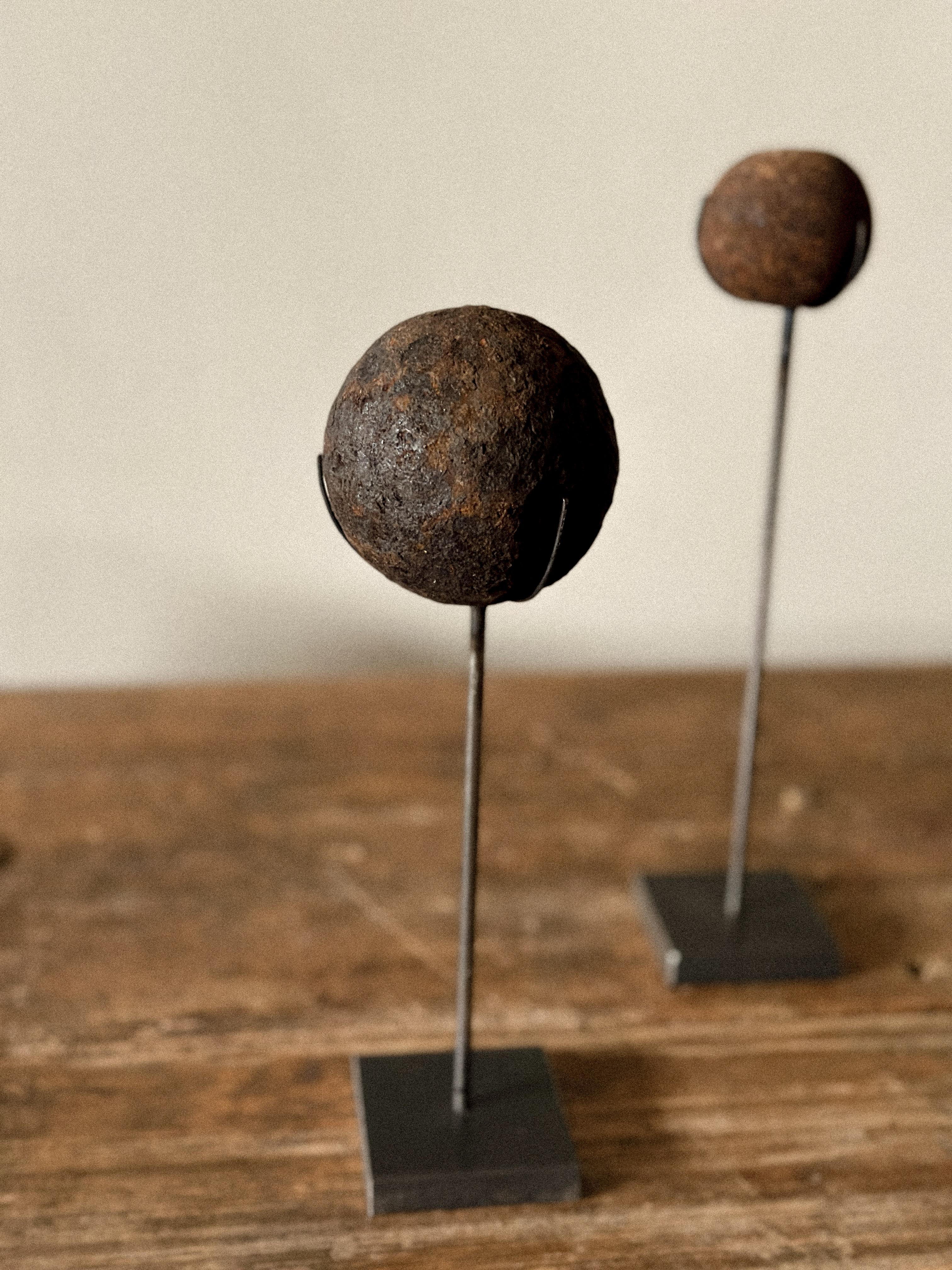 Norwegian Set of Antique Cannonballs on Custom Stands, Wabi Sabi, Norway, c. 1800s For Sale