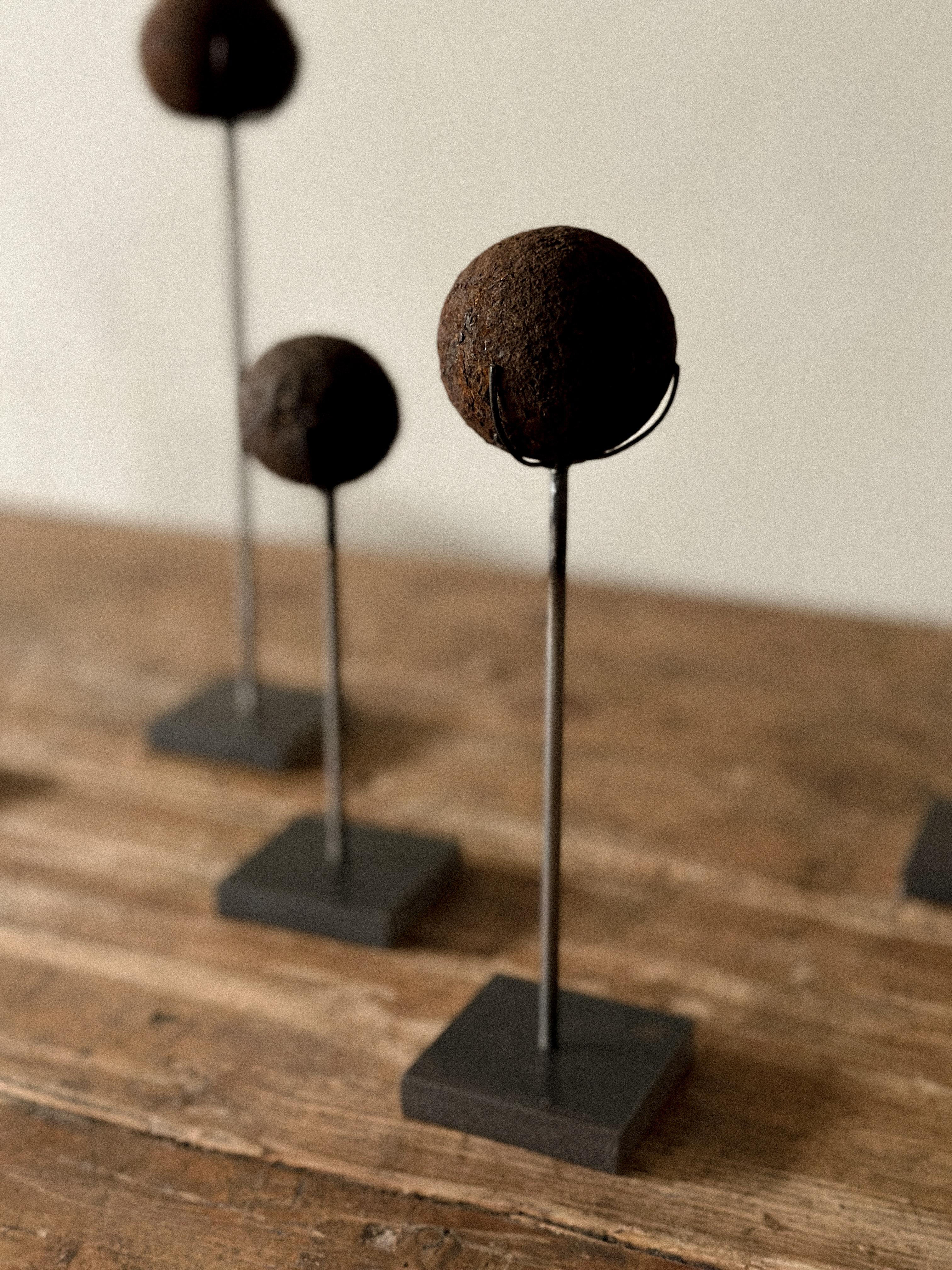 Metal Set of Antique Cannonballs on Custom Stands, Wabi Sabi, Norway, c. 1800s For Sale