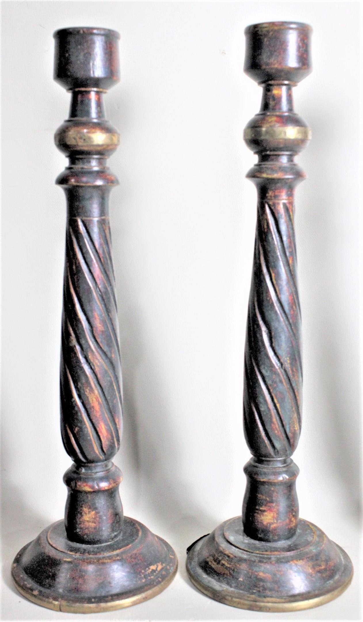 Folk Art Set of Antique Carved and Painted Wood Candle or 'Cricket' Sticks with Brass For Sale