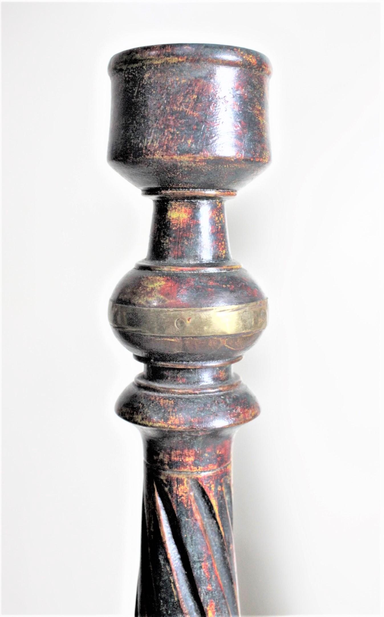 Unknown Set of Antique Carved and Painted Wood Candle or 'Cricket' Sticks with Brass For Sale