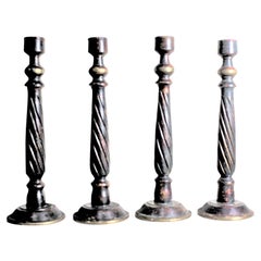 Set of Antique Carved and Painted Wood Candle or 'Cricket' Sticks with Brass