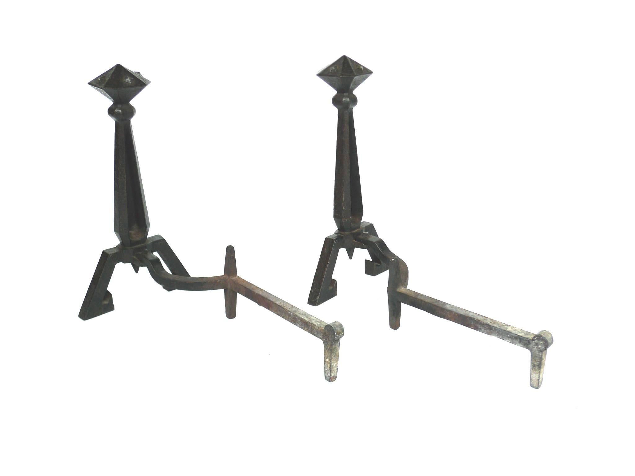 Arts and Crafts Set of Antique Cast-Iron Andirons and Tools by Bradley & Hubbard