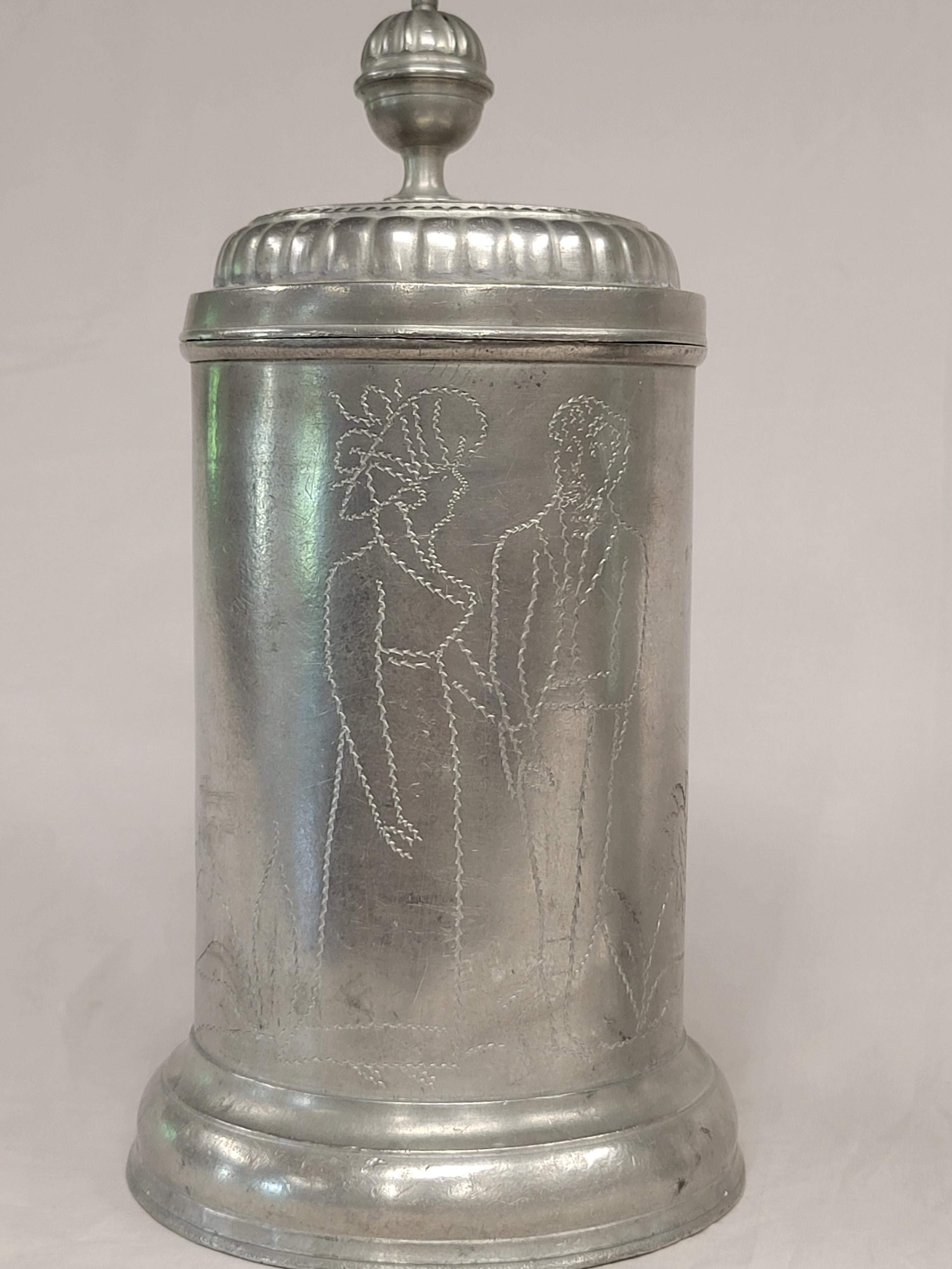 Juego de Antiguas Tazas de Estaño Alemanas Inscritas Circa 1800 Con Ilustración Arte popular en venta