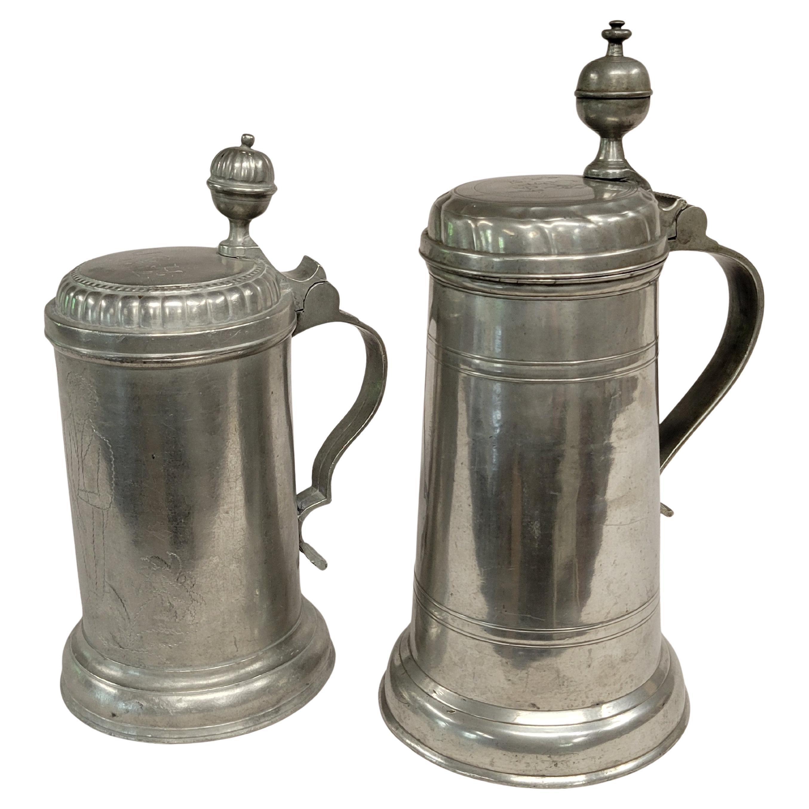 Set of Antique Circa 1800 German Inscribed Pewter Steins With Illustration