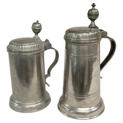 Set of Antique Circa 1800 German Inscribed Pewter Steins With Illustration