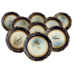 Set of Antique Coalport Porcelain Dinner Plates Depicting English Fish