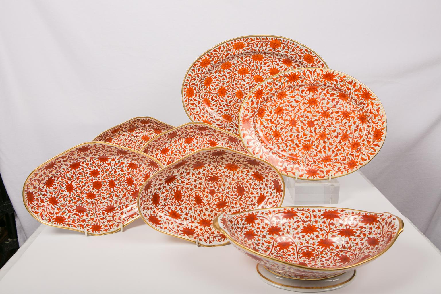 Hand-Painted Set of Antique Coalport Porcelain Red Chrysanthemum Pattern Dishes
