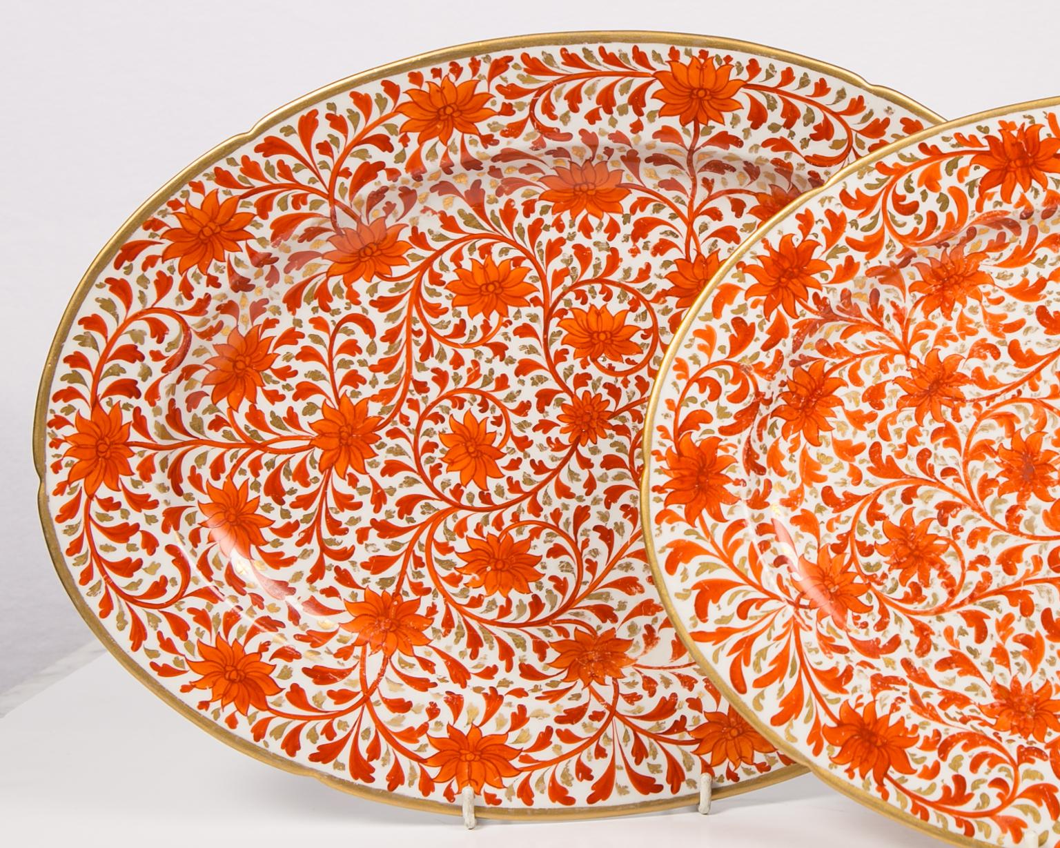 19th Century Set of Antique Coalport Porcelain Red Chrysanthemum Pattern Dishes