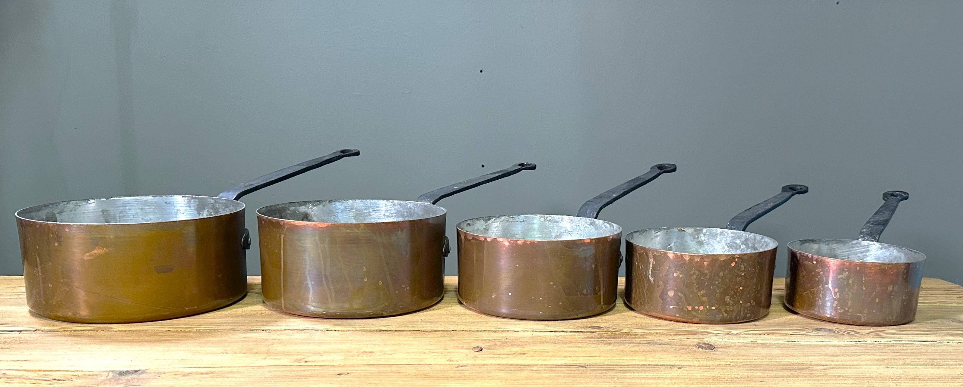 Set of Antique Cooking Pots Copper and cast Iron Handels, France 1900 For Sale 4