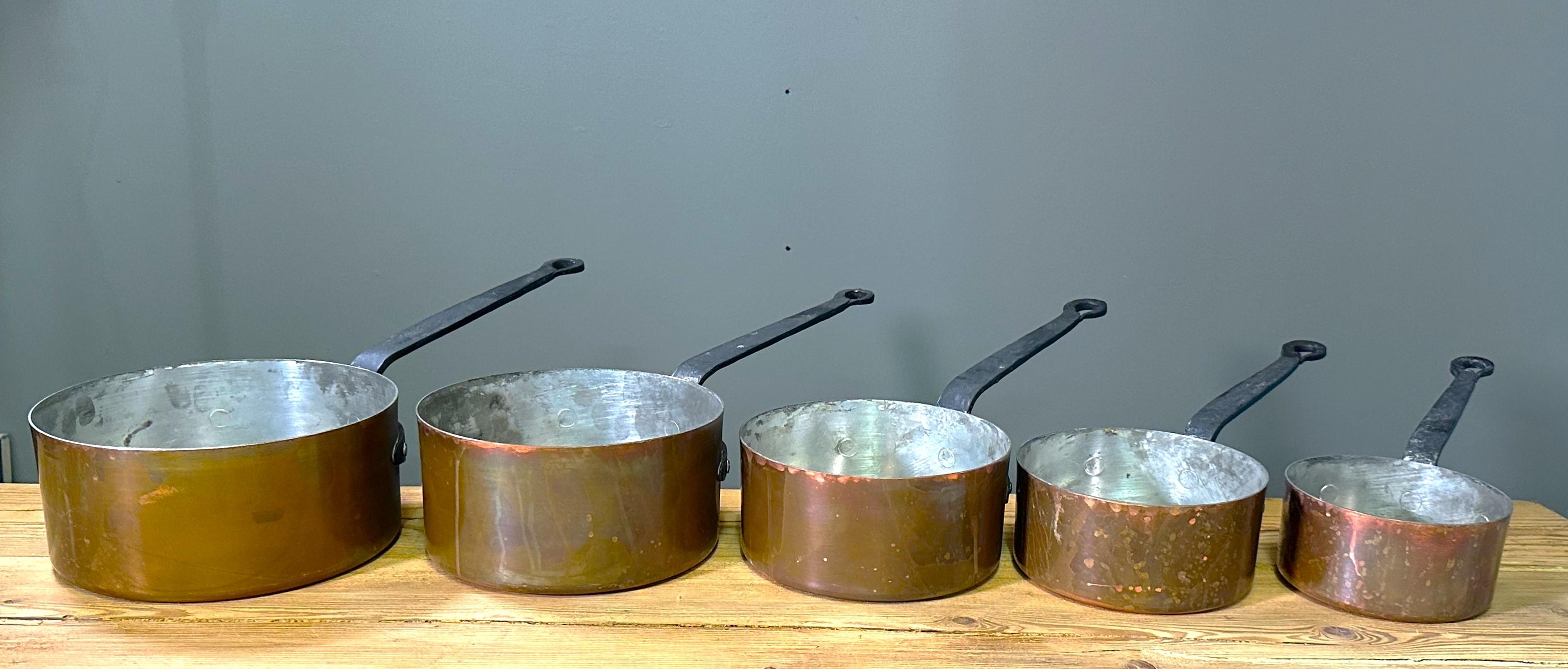 Set of Antique Cooking Pots Copper and cast Iron Handels, France 1900 For Sale 5