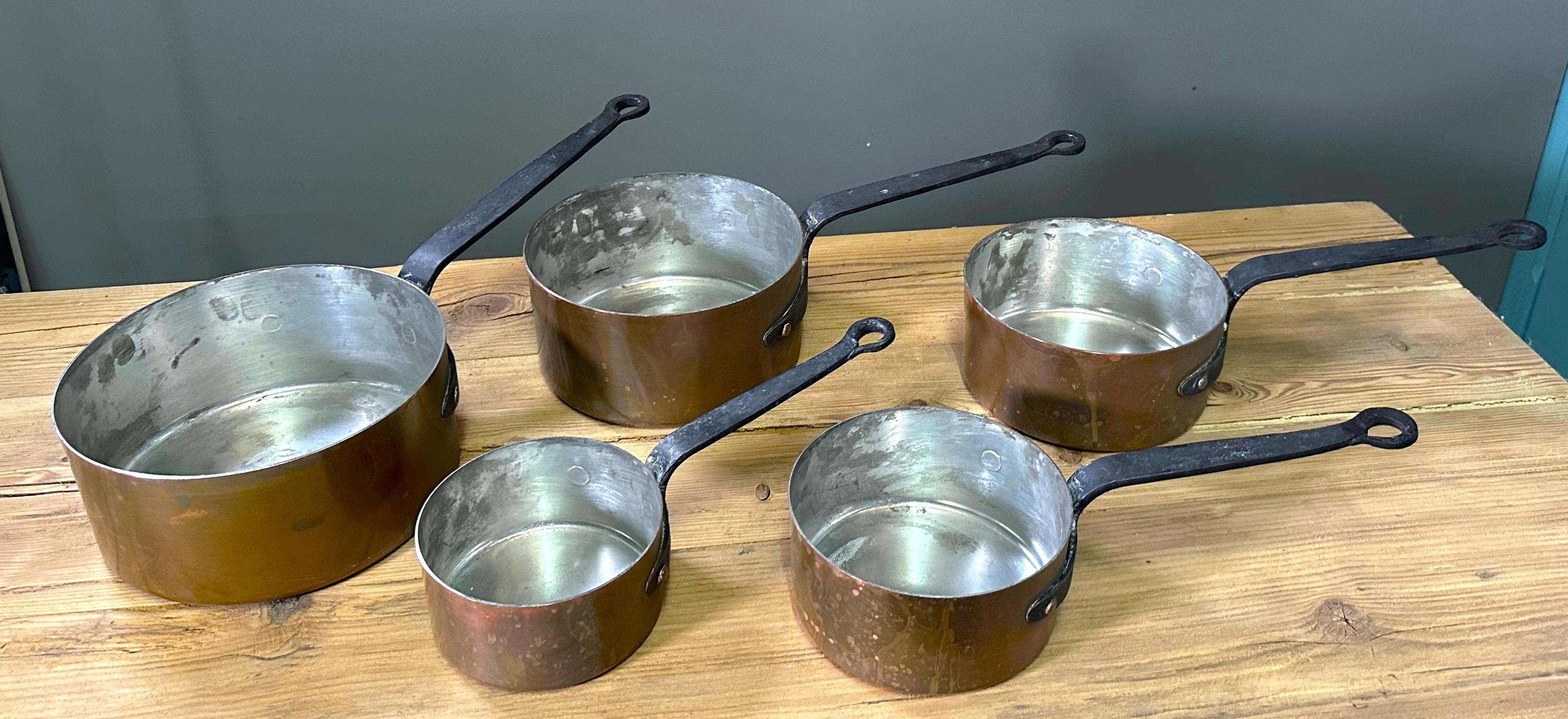 Set of Antique Cooking Pots Copper and cast Iron Handels, France 1900 For Sale 10