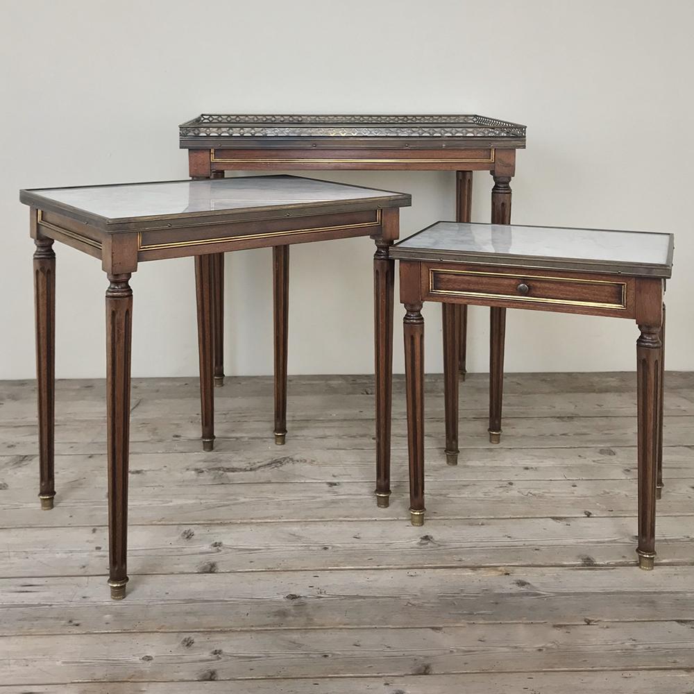 Hand-Crafted Set of Antique Directoire Marble-Top Nesting Tables