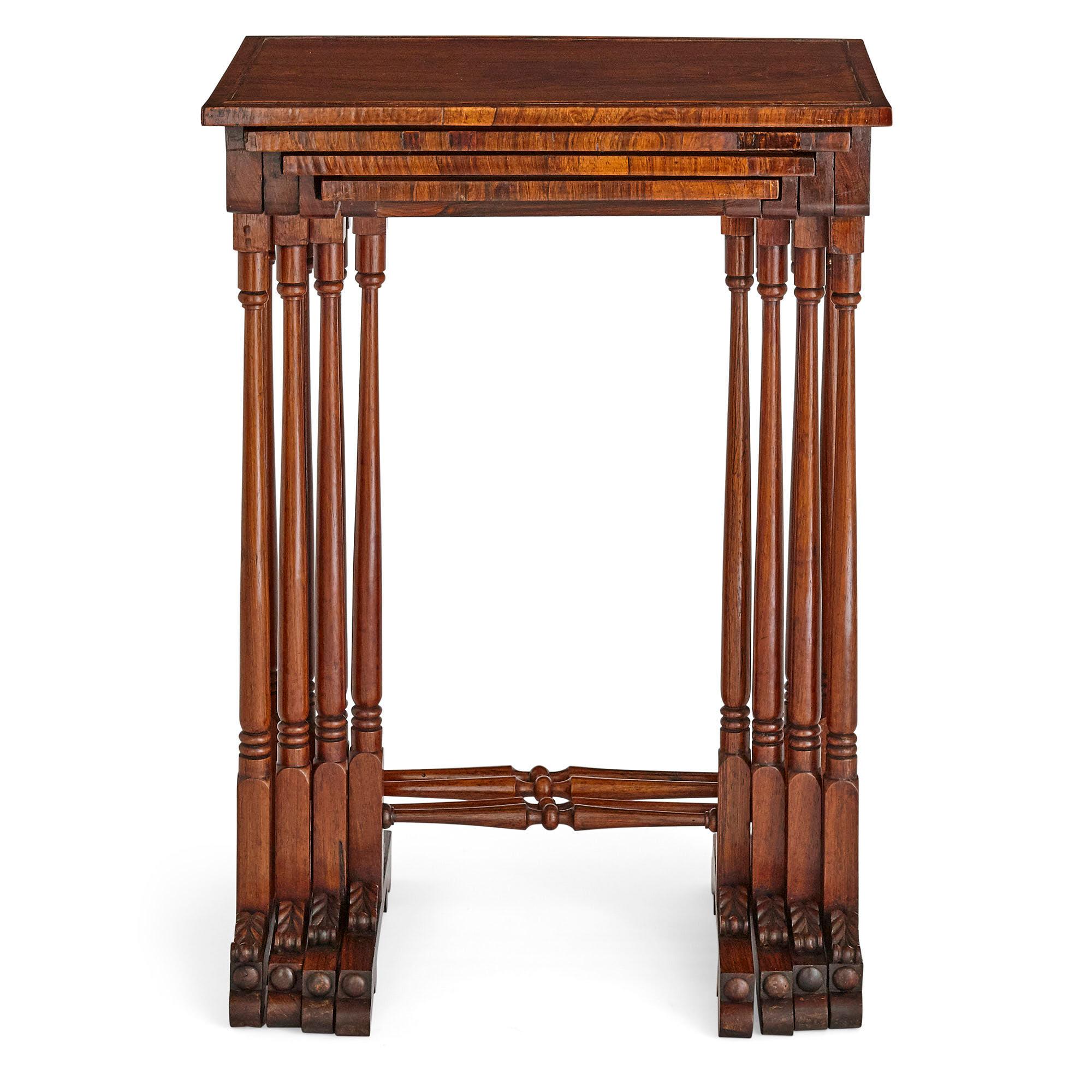 These side tables come as a set of four: their sizes allow for them to be stacked on top of each other as well as used separately. They are crafted from rosewood and date from early 19th century, during the period of King William IV. Each table is