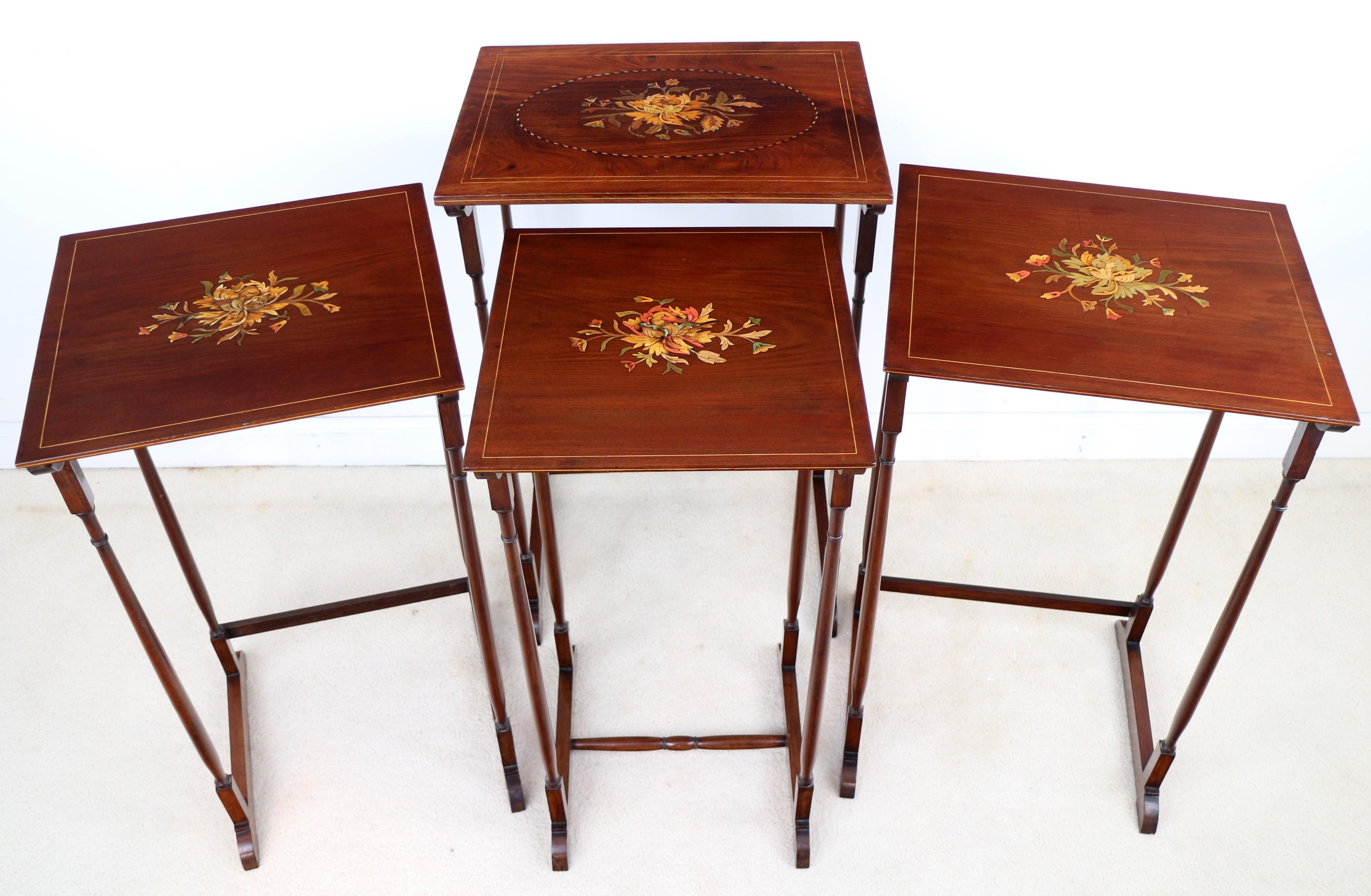 Set of Antique English Victorian Mahogany and Marquetry Inlaid Quartetto Tables For Sale 4