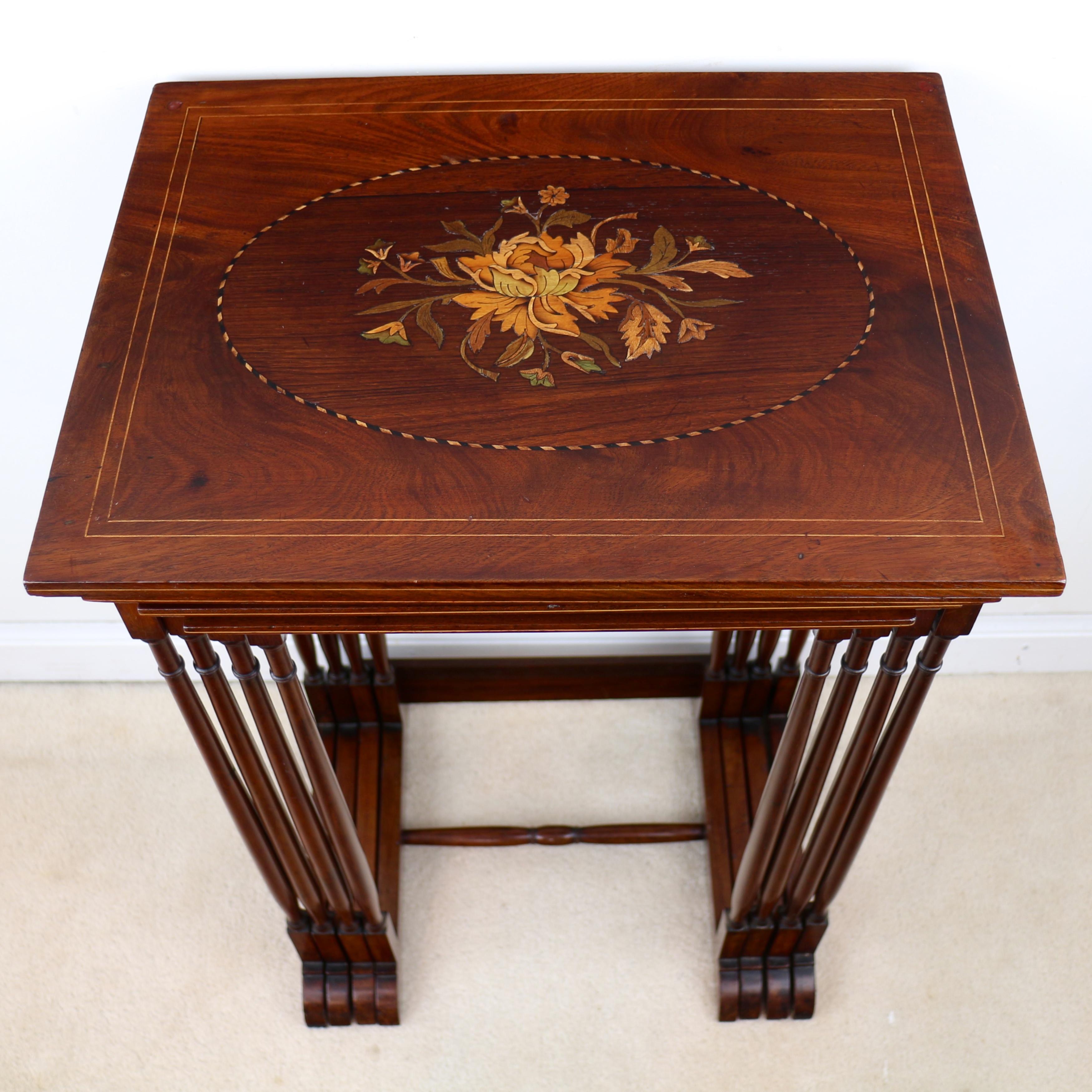 Set of Antique English Victorian Mahogany and Marquetry Inlaid Quartetto Tables For Sale 5