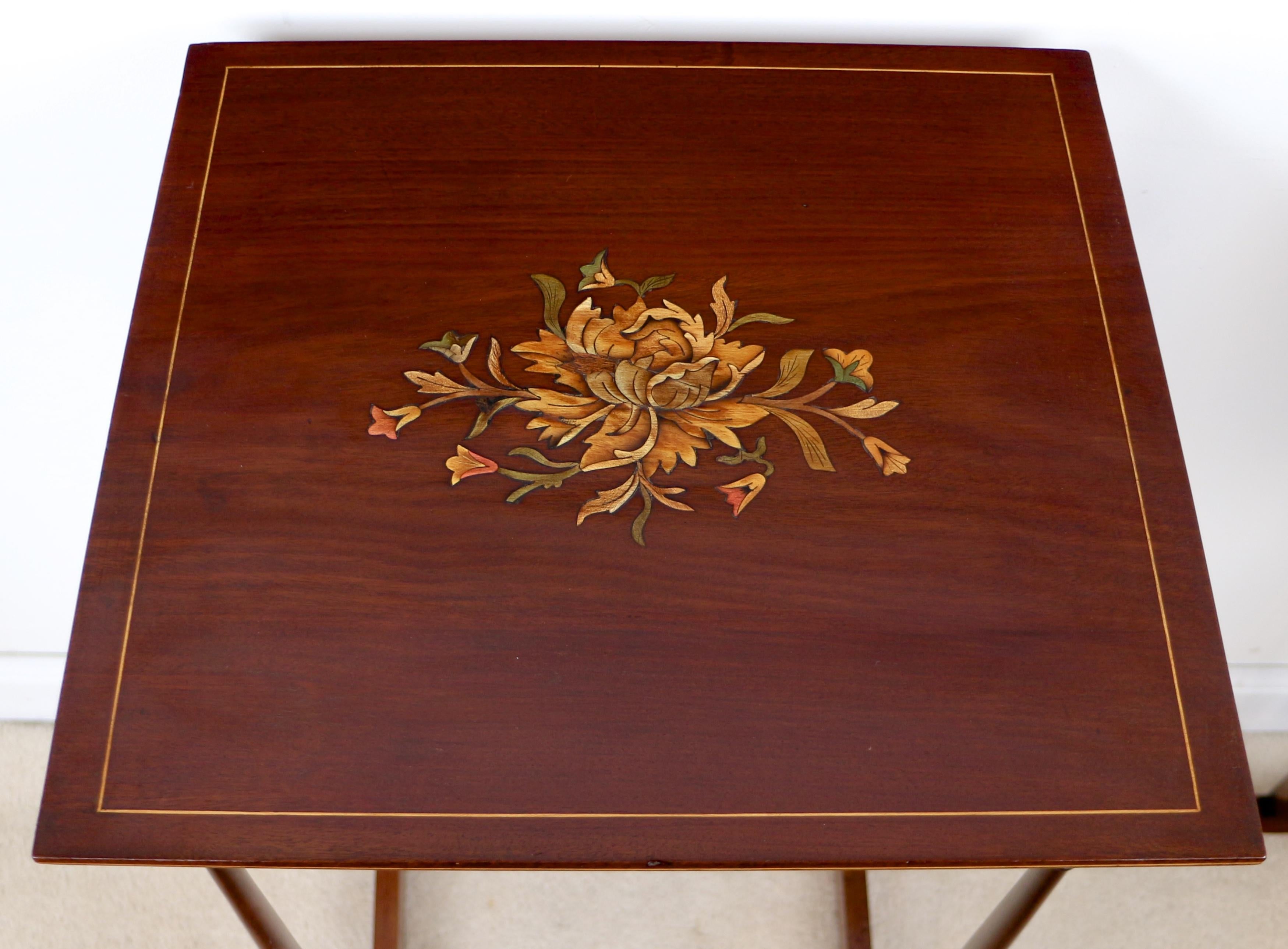 Set of Antique English Victorian Mahogany and Marquetry Inlaid Quartetto Tables For Sale 7