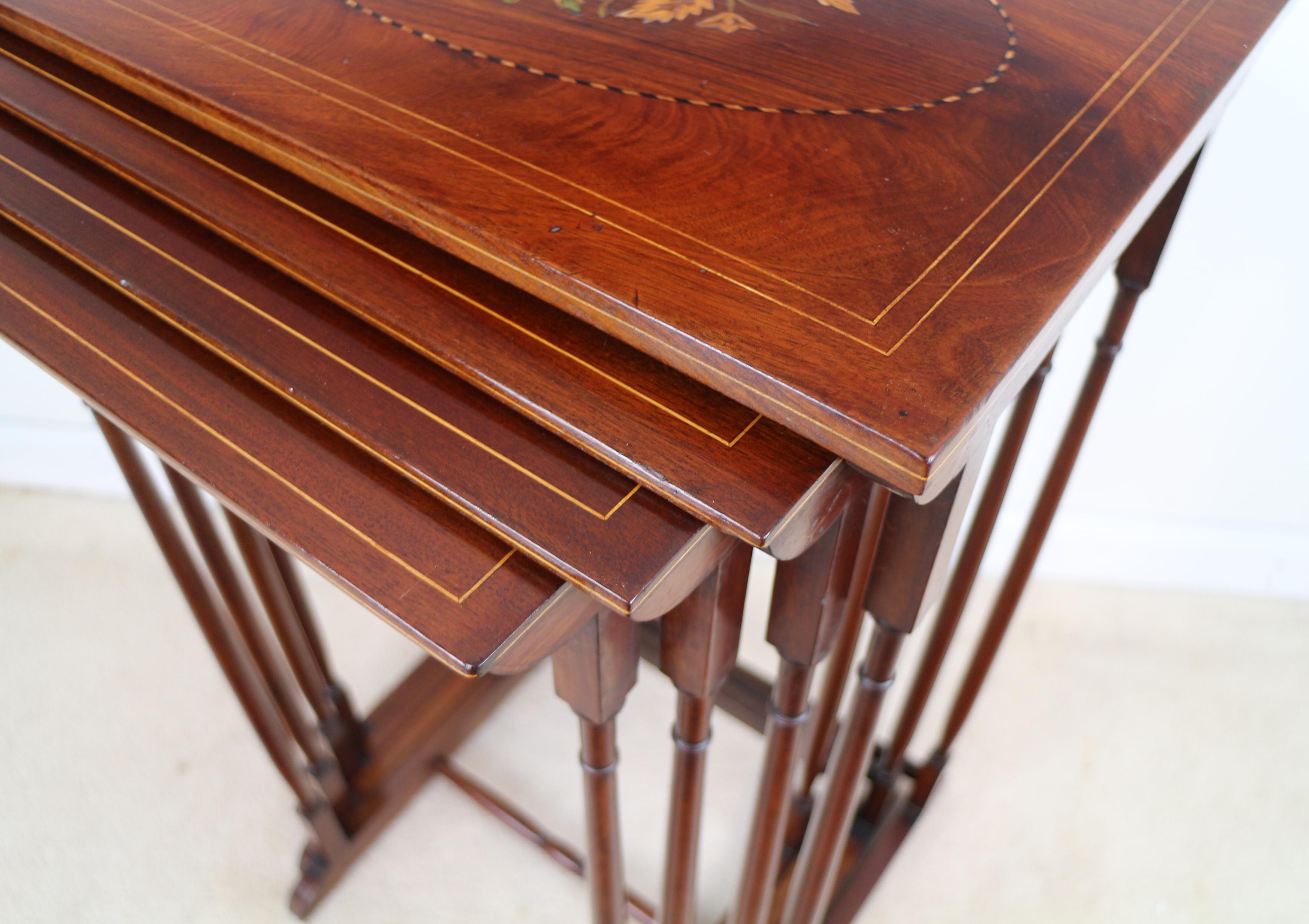Set of Antique English Victorian Mahogany and Marquetry Inlaid Quartetto Tables For Sale 9
