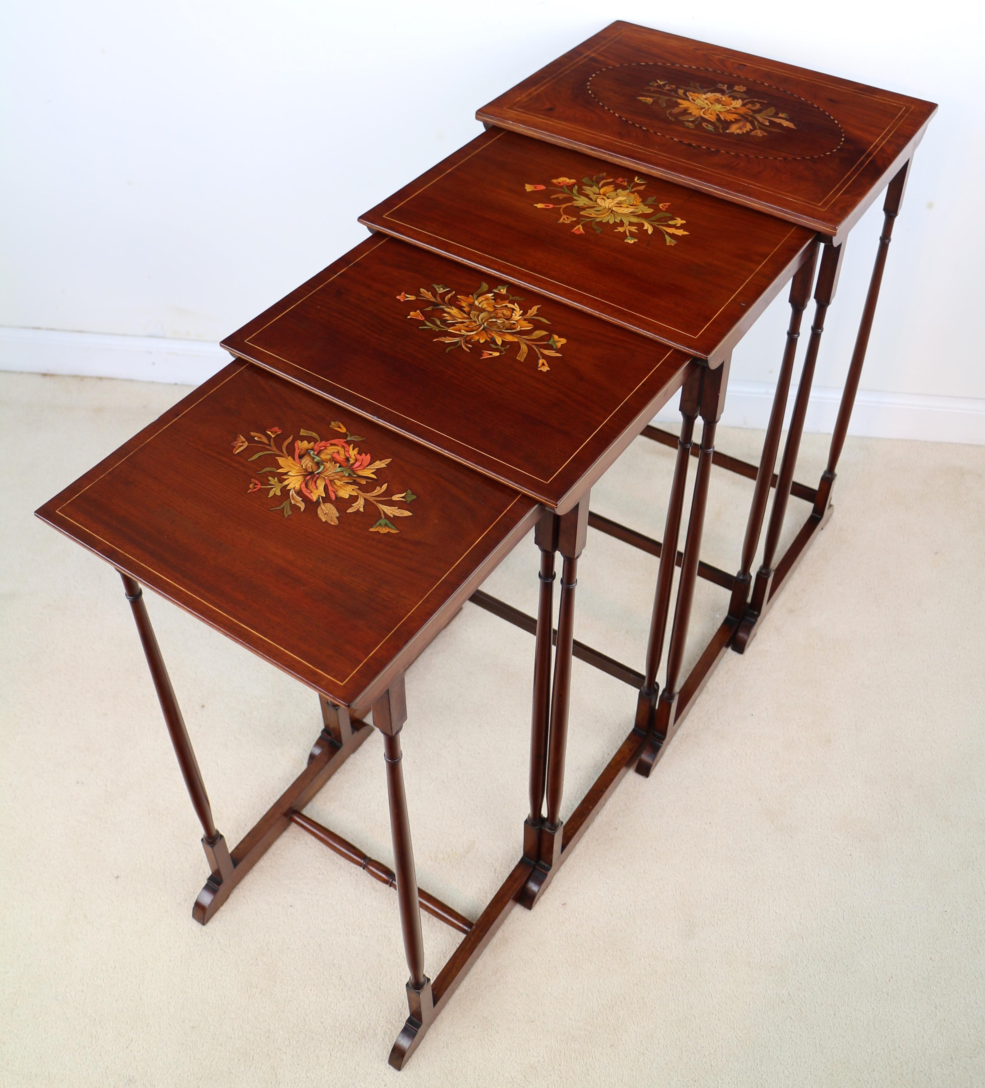 Regency Set of Antique English Victorian Mahogany and Marquetry Inlaid Quartetto Tables For Sale