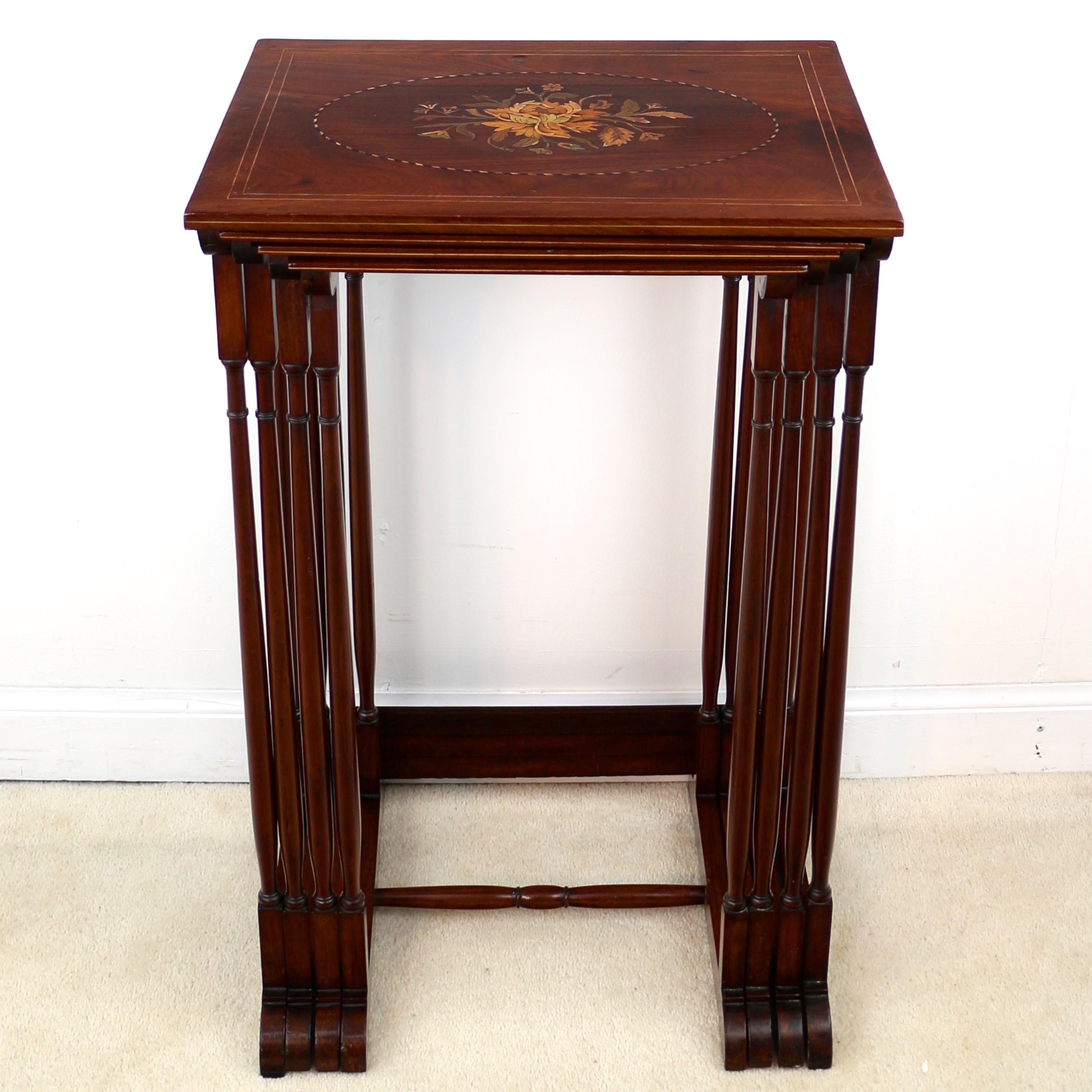 Inlay Set of Antique English Victorian Mahogany and Marquetry Inlaid Quartetto Tables For Sale